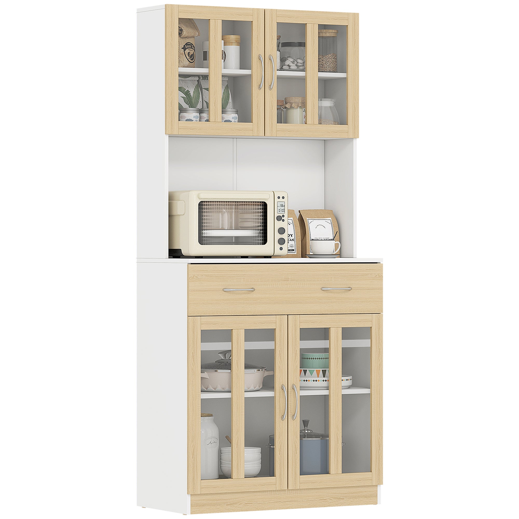 Aparador cocina alto 180cm 4 puertas cristal cajón estantes ajustables blanco madera