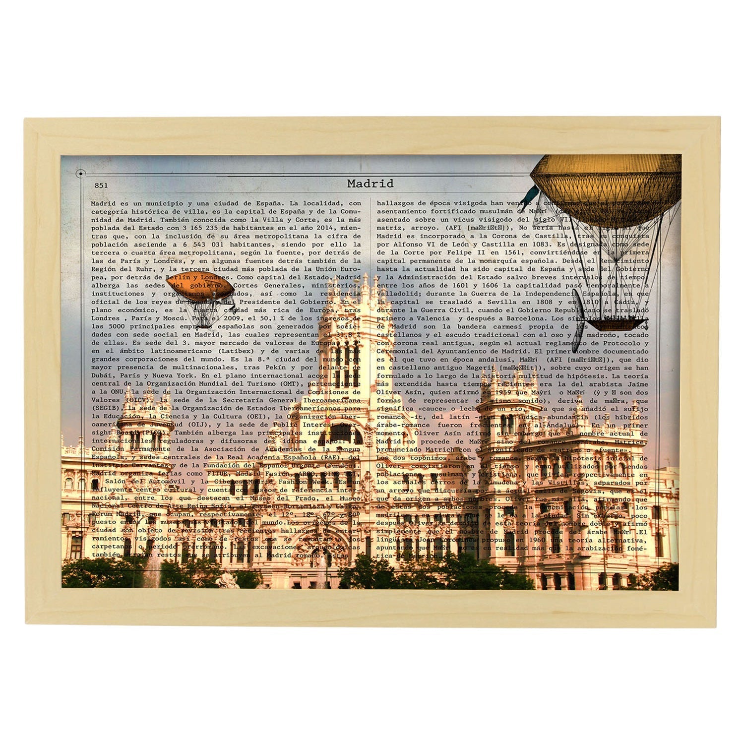 Lamina ciudad de madrid. estilo vintage. ilustracion, fotografia y collage con la historia de madrid. marco negro - a3
