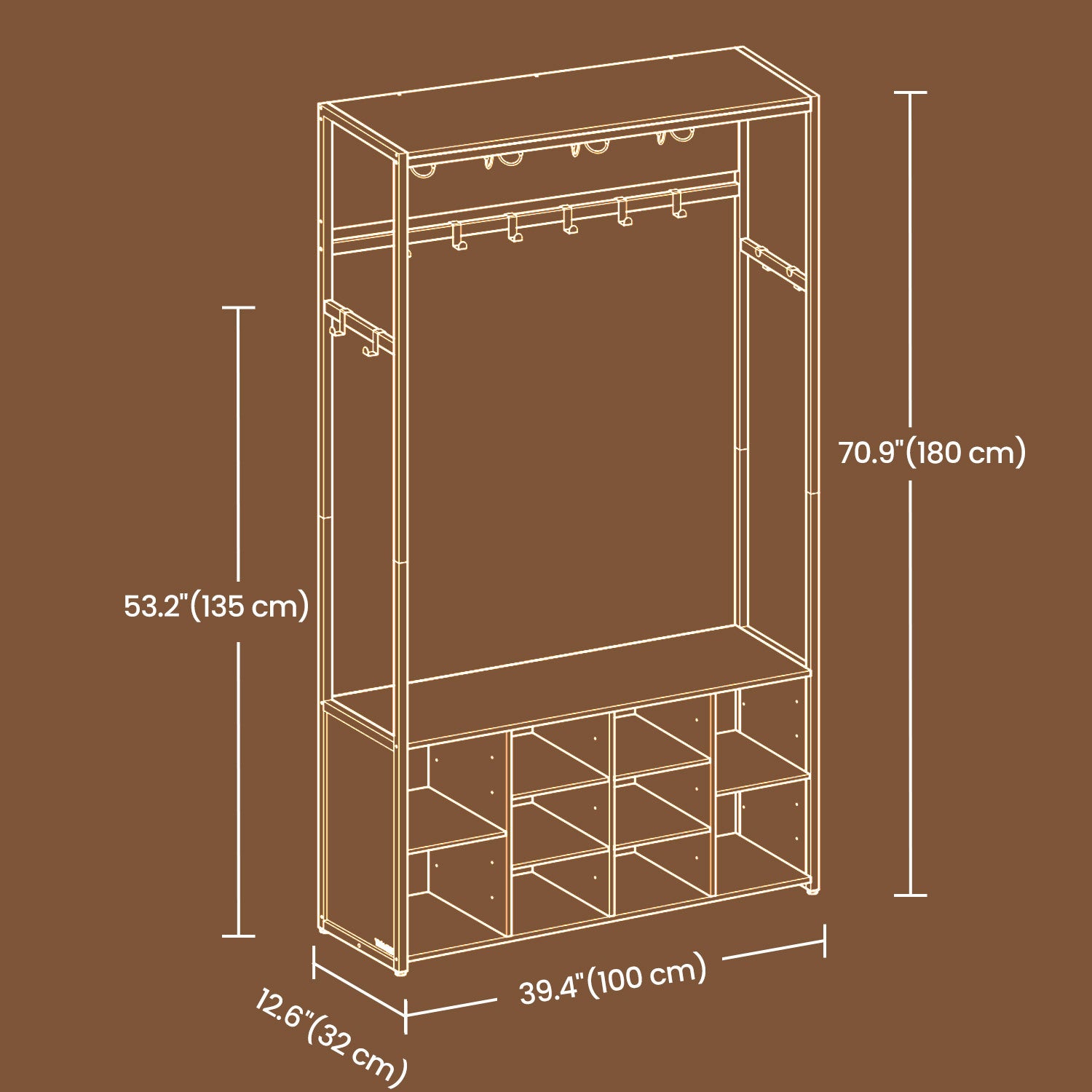 Porte-Manteau avec Banc et Rangement à Chaussures, Meuble d'Entrée, Marron et Noir - 5