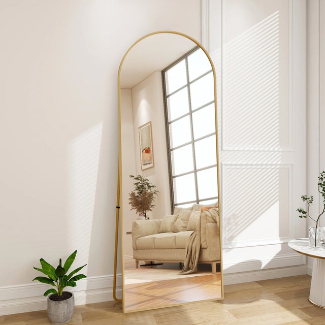 Miroir en Pied Arrondi 164x54,Miroir Encadré Miroir Intégral Cadre en Métal Miroir de Sol Verre Trempé pour Chambre,Salon et Entrée Dressing,Doré