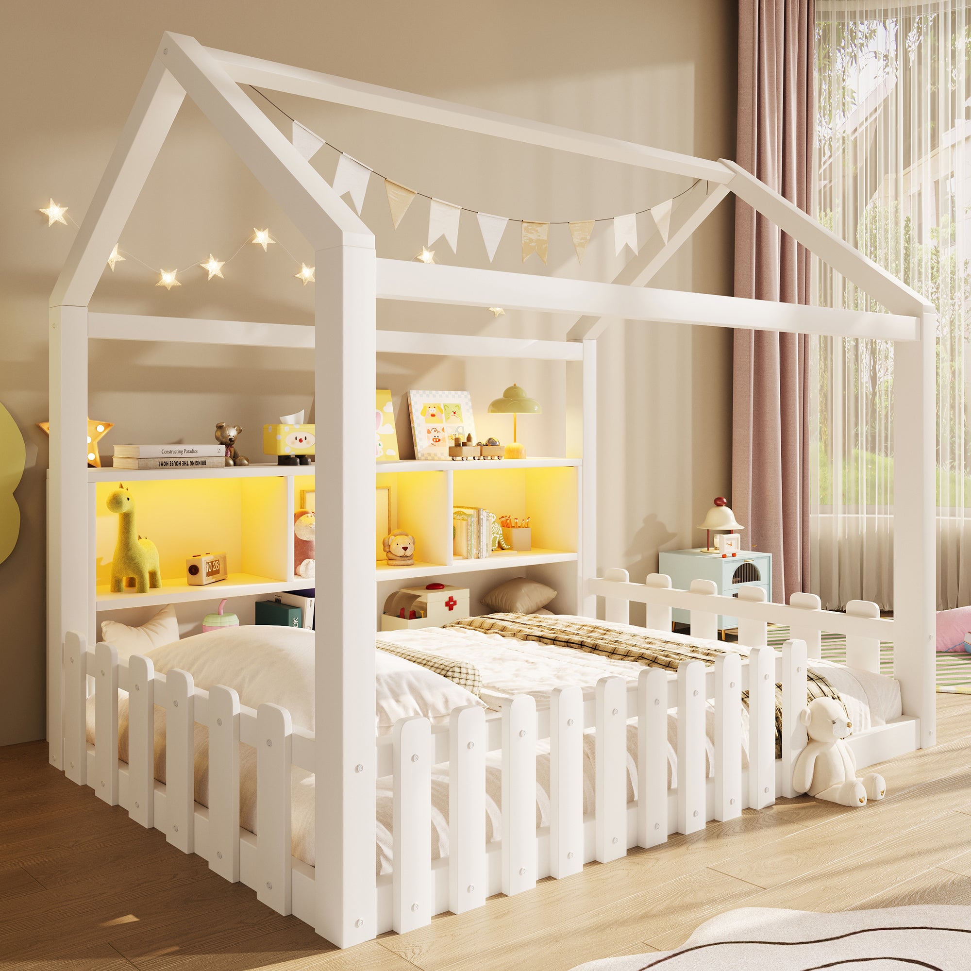 Lit cabane enfant 90x190 cm avec bande LED, Lit enfant avec barreaux, rangements ouverts, Lit plat en pin, style minimaliste, blanc,&nbsp;Sans matelas - 3