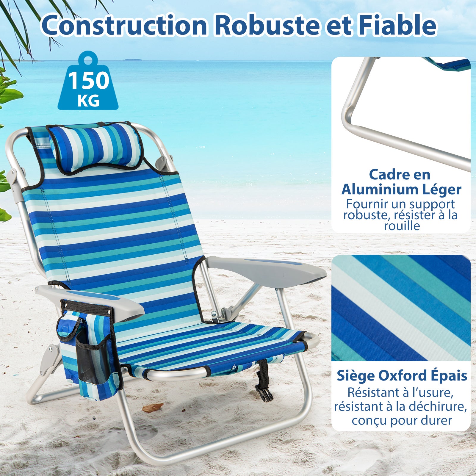 Lot de 2 Chaise de Plage Pliable, Cadre Léger en Aluminium, Chaise Basse avec Dossier Réglable en 4 Positions, Sac Isotherme, pour Camping - 6