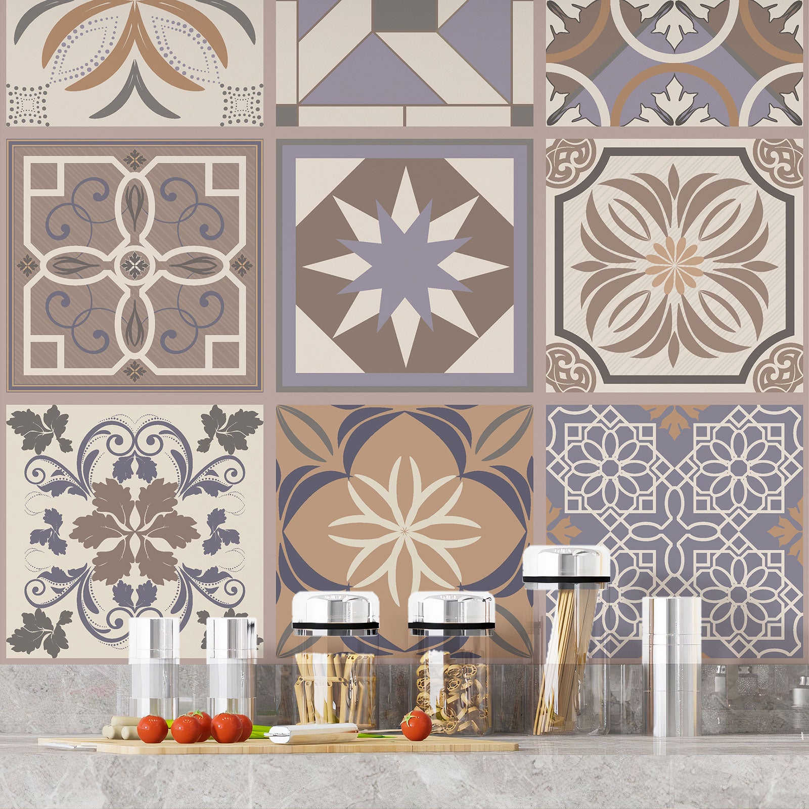 Crédence adhésive sticker décoratif pour cuisine - Effet carreaux de ciment - Adhésif BRILLANT - 60x60 cm - 4