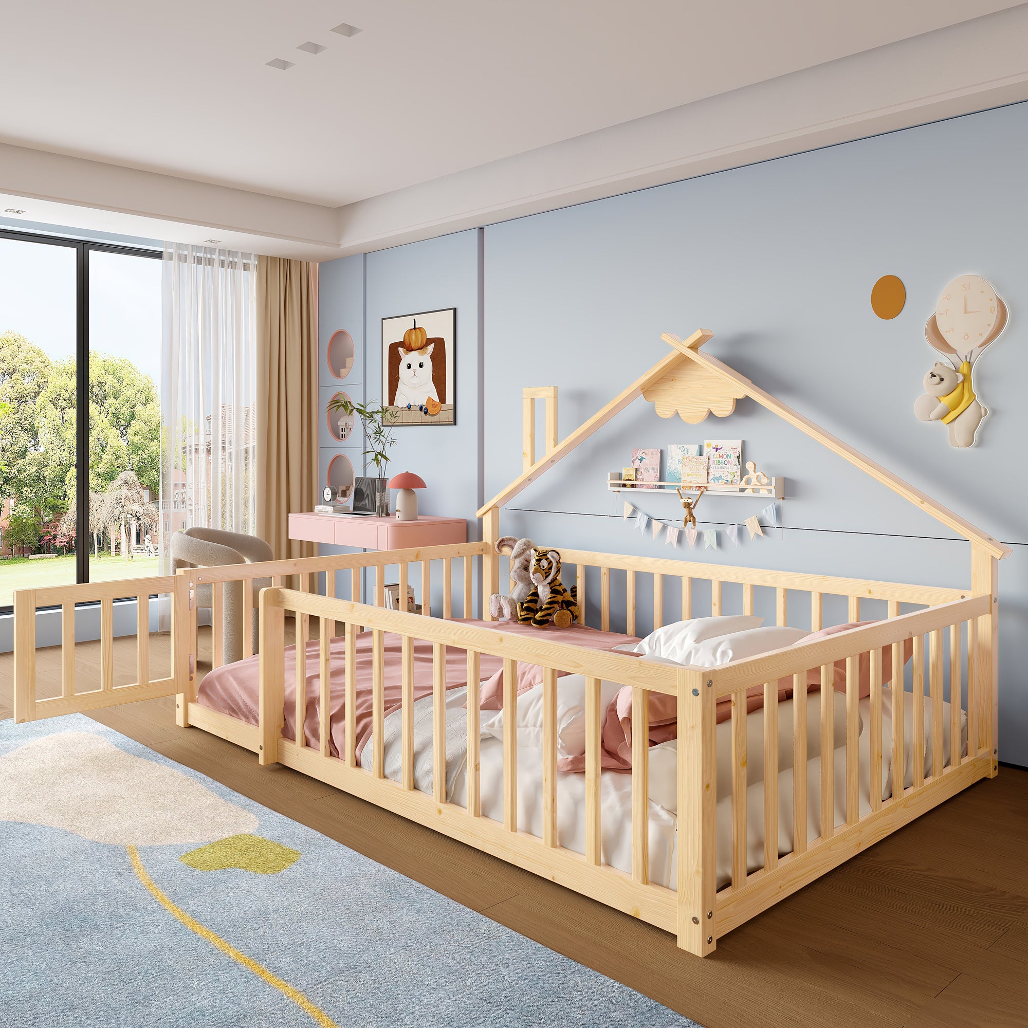 Lit plat enfant 140x190 cm - Pin naturel avec barrière verrouillable - 3