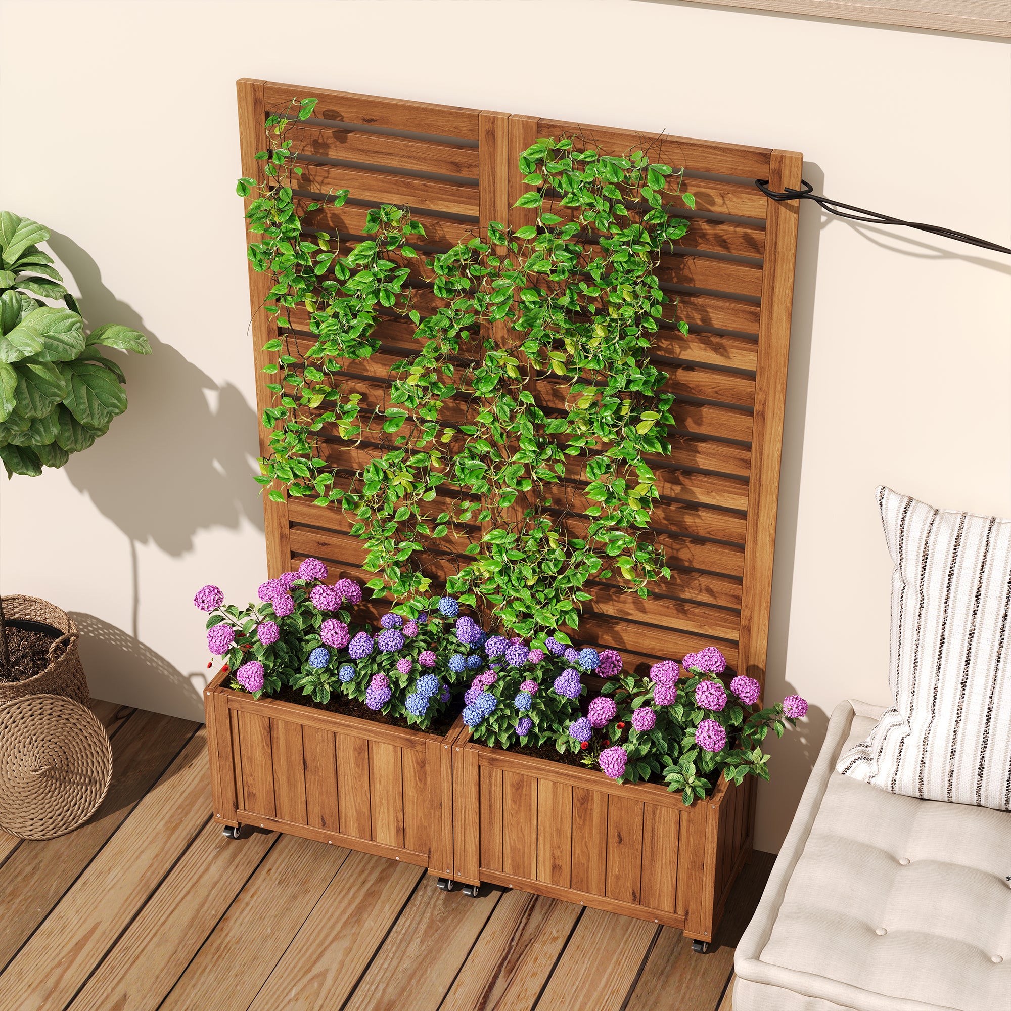 Lot de 2 Jardinière convertible avec Treillis et roulettes en bois massif - 102 x 32 x 150 cm - Marron - 8