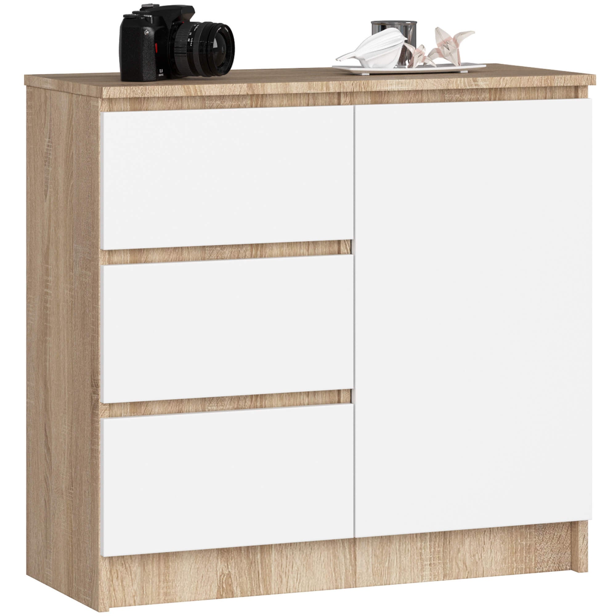 Komoda AKORD JERRY Dąb Sonoma 80 cm 1 drzwi 3 szuflady kolor Biały mat 2 półki 80x35x77 cm