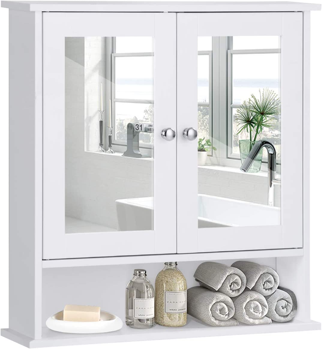 Armadietto Da Bagno Con Specchio - Mobile Da Parete Bianco, 56x12.5x58cm, Ripiano Regolabile