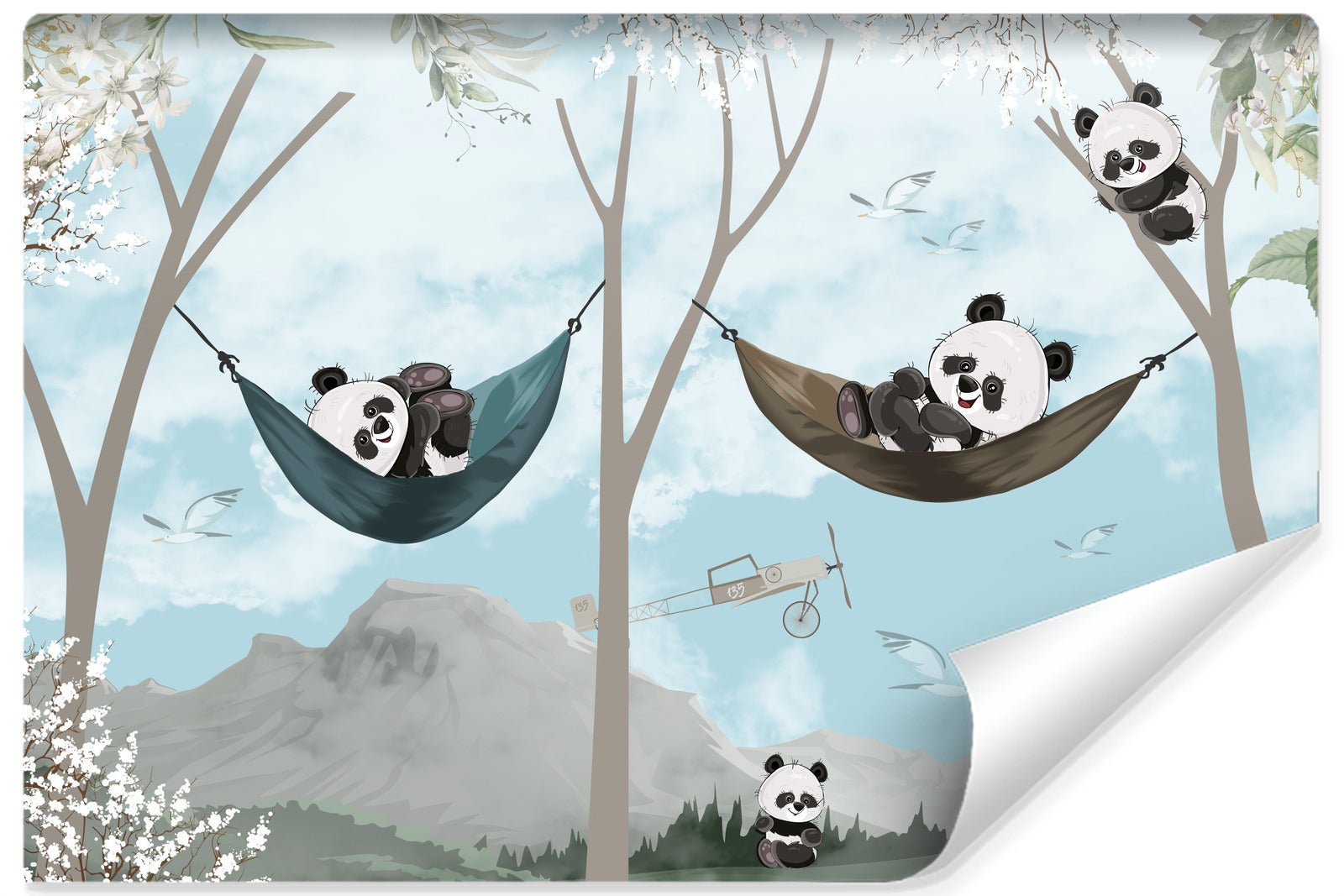 Vlieseline papel pintado foto para habitación infantil pandas plantas paisaje 360cm x 240cm
