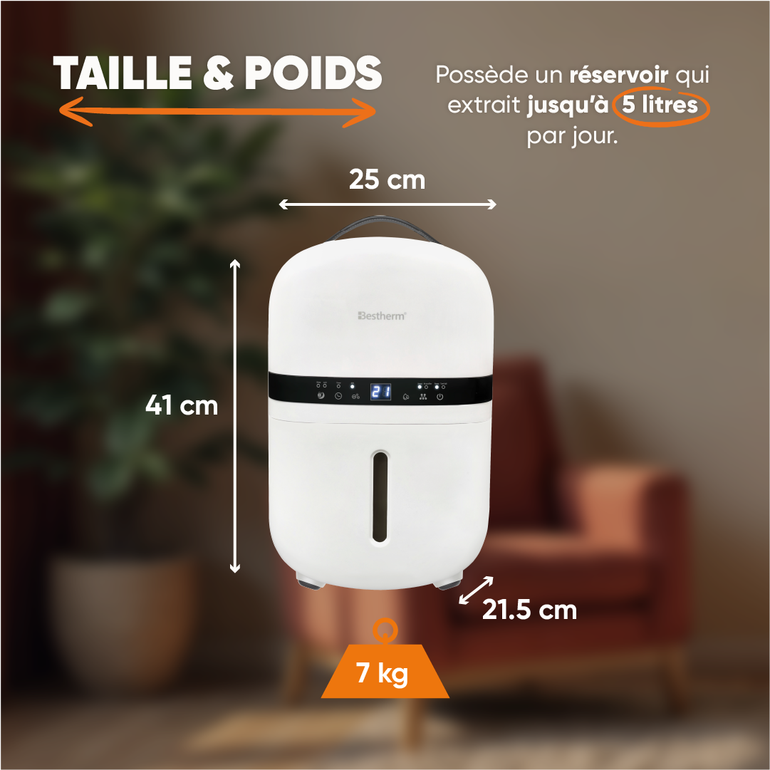 Déshumidificateur d'air BESTHERM - Nova 5L/jour, fonction purificateur d'air, filtre à charbon actif anti-odeurs, avec minuterie 24h - 3