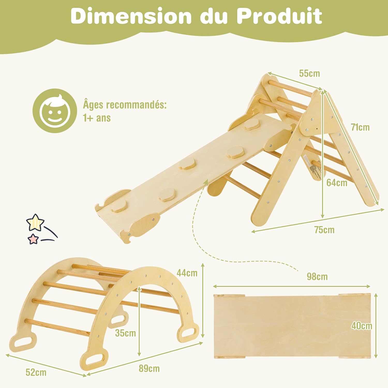 Arco Montessori a triangolo 7 in 1, arco per bambini con scivolo in legno, rampa, scala regolabile, portata 50 KG bambini da 1 anno in su, naturale - 9