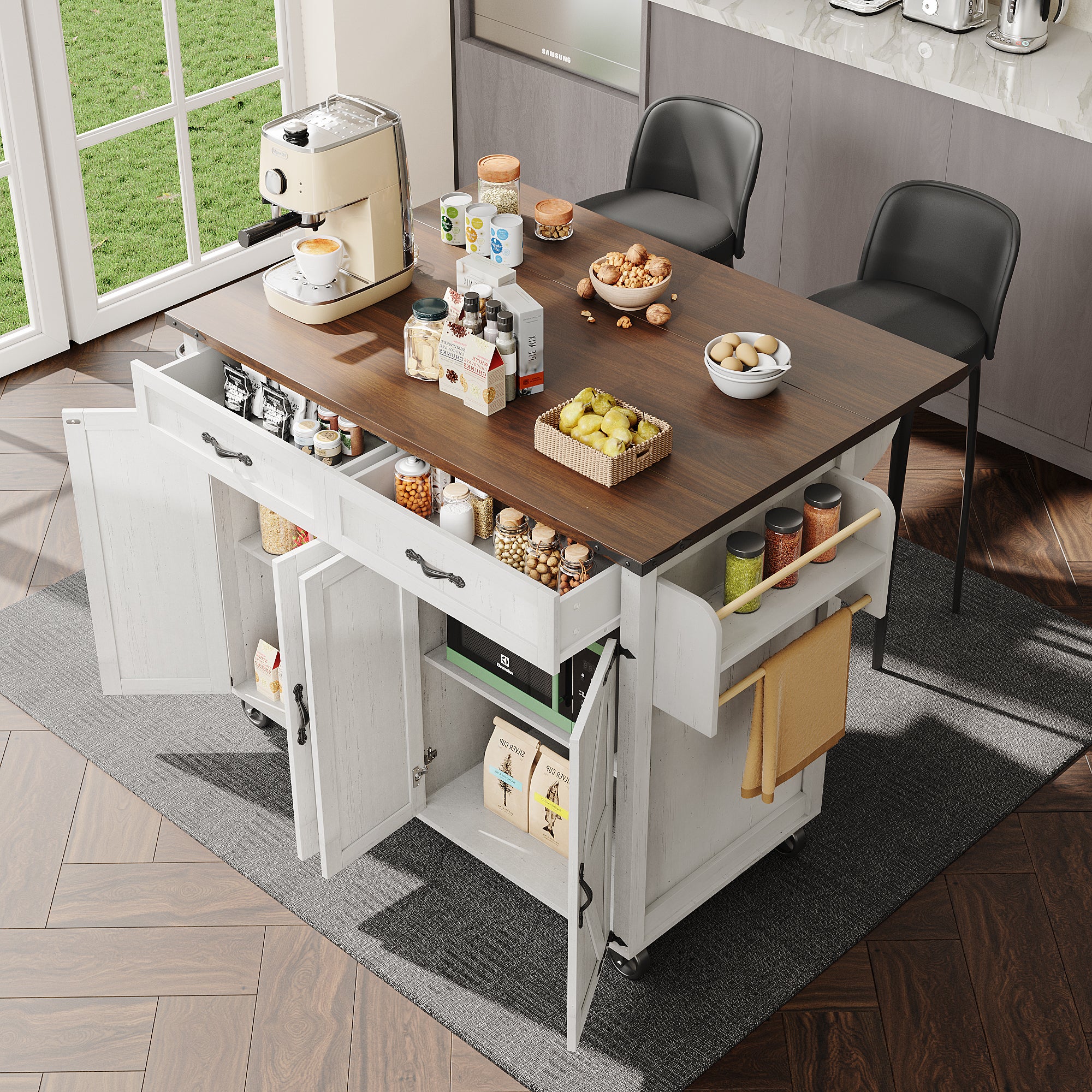 Îlot De Cuisine Sur Roulettes, îlot De Cuisine Extensible Avec Coin Repas Plan De Travail Compartiment Poubelle Et Prise Electrique Gris 99086608