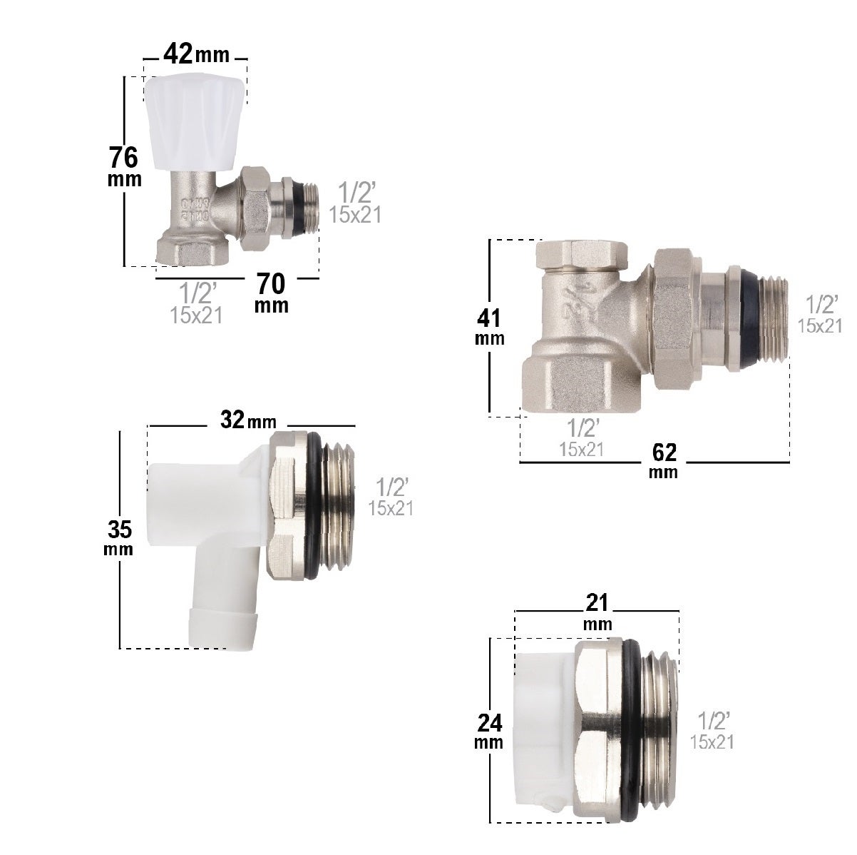 Kit completo con rubinetto di radiatore manuale a squadra 1/2 NT - 6