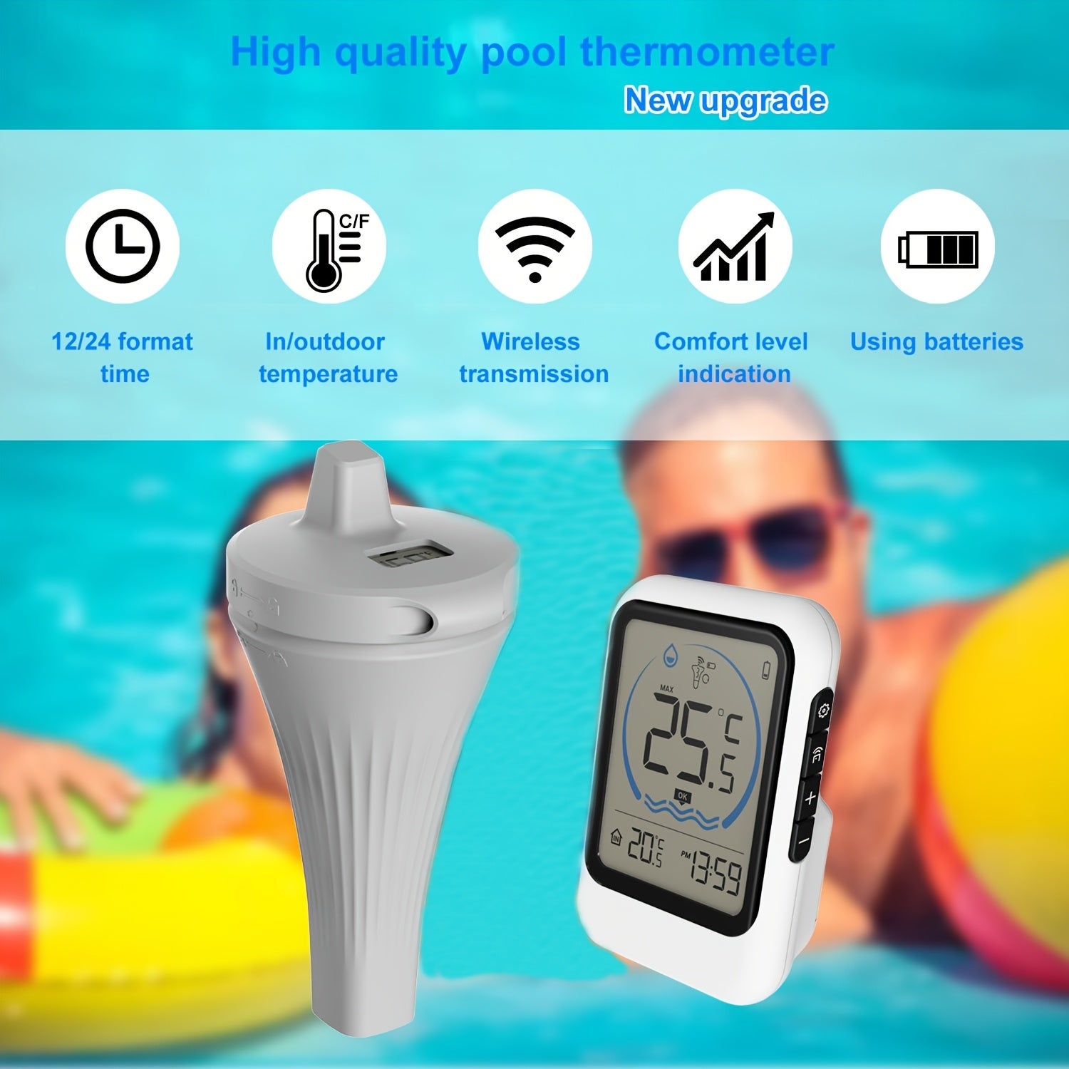 1 thermomètre de piscine sans fil, écran LED, étanche, avec capteur de température, adapté aux piscines (sans pile). - 9