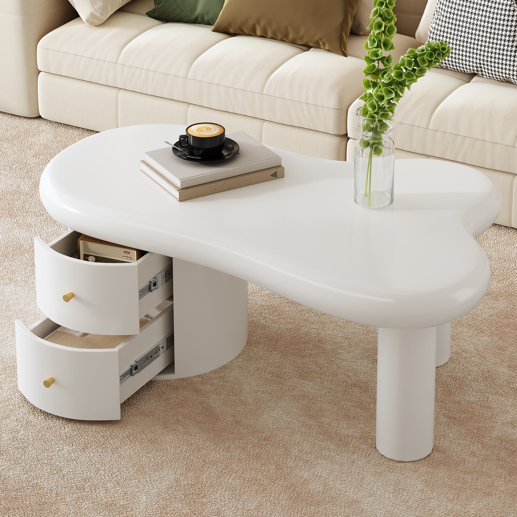 Table basse blanche moderne de forme irrégulière, 2 tiroirs, élégante, stable, pour le salon et usage polyvalent - 3