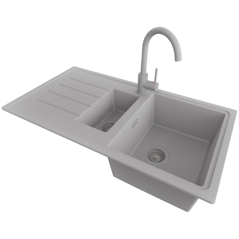 Zlewozmywak Granitowy Szary 90x50cm, Zlew Kuchenny 1,5 Komorowy + Bateria 32x20cm + Syfon, Nablatowy do szafki od 60cm - Kopenhaga Duo PRIMAGRAN