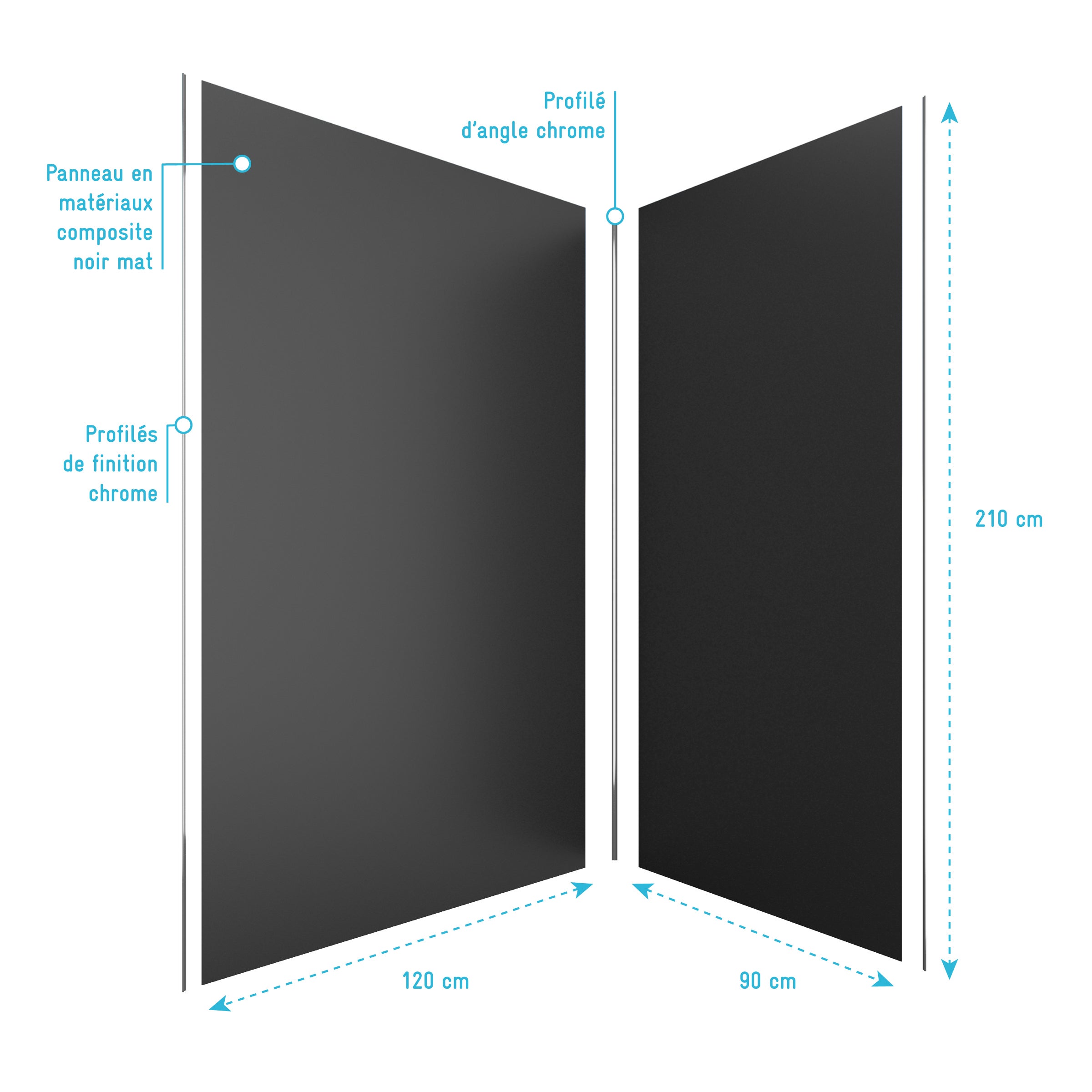 Pack de 2 Panneaux Muraux Aluminium NOIR 90+120x210 cm avec Profilés ANODISE BRILLANT - WALL'IT - 4