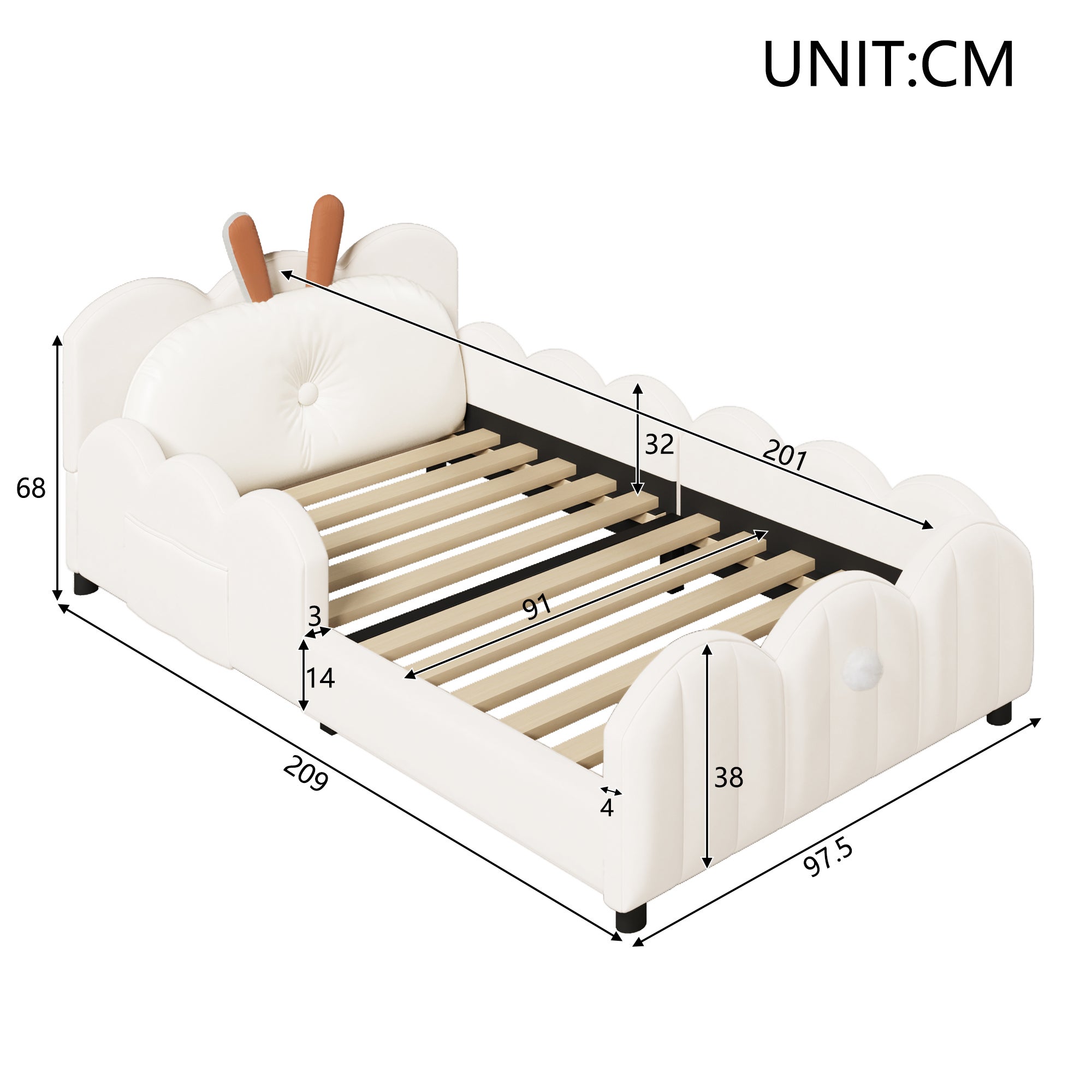 Łóżko tapicerowane dziecięce 90x200 cm - Poduszki w kształcie króliczka - Z barierkami - Z podstawą z listew - Płyta MDF + aksamit - Beż - 6