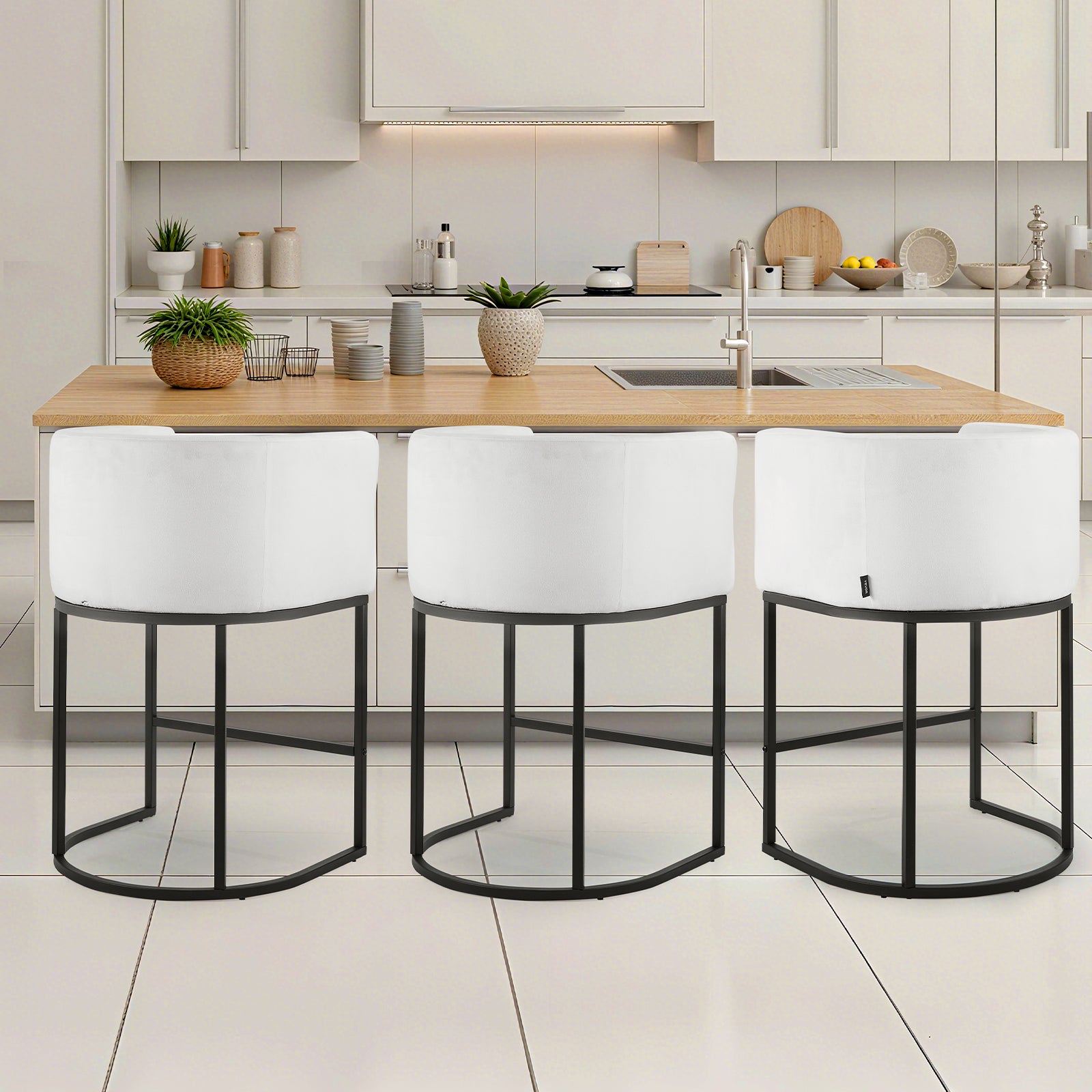 Juego De 3 Taburetes De Bar Giratorios Con Respaldo Blanco Blanco