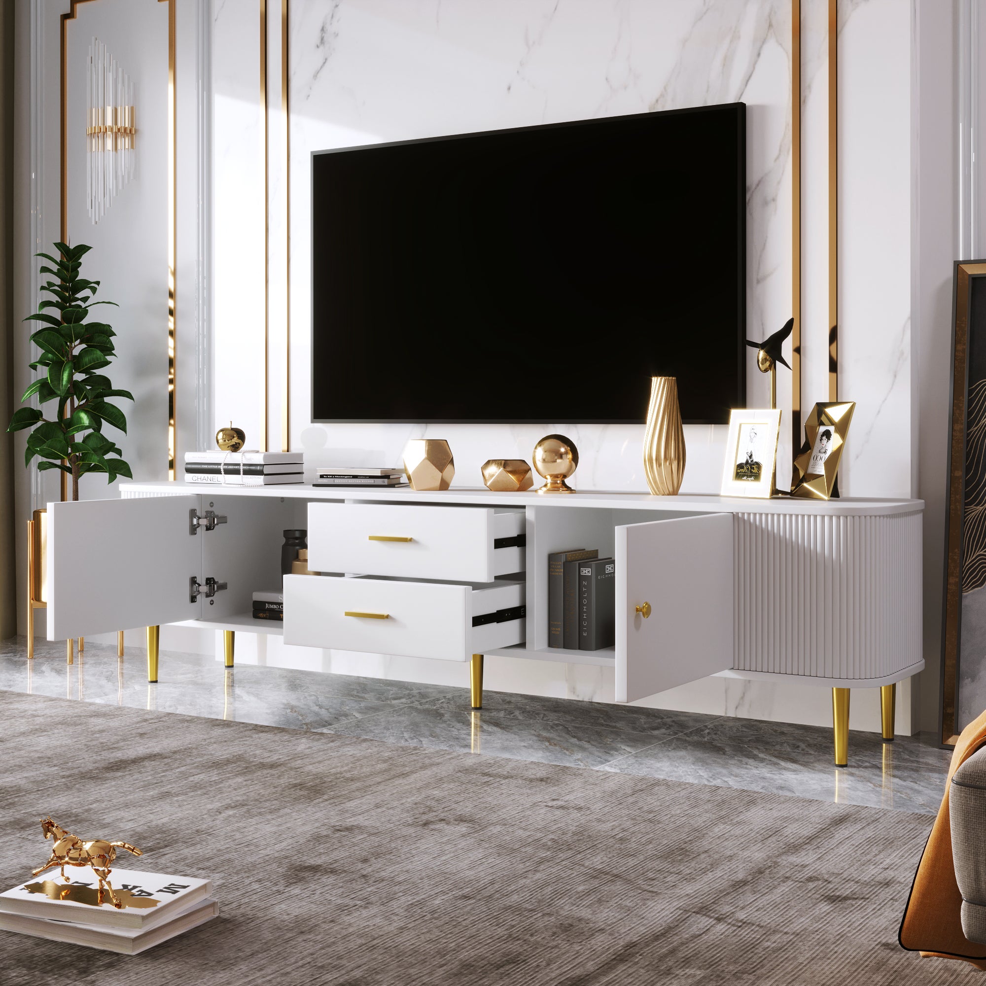 Móvel TV com 2 gavetas e 2 portas - 170 x 34 x 45 cm - Madeira MDF - Puxadores e pés dourados - Branco - 2