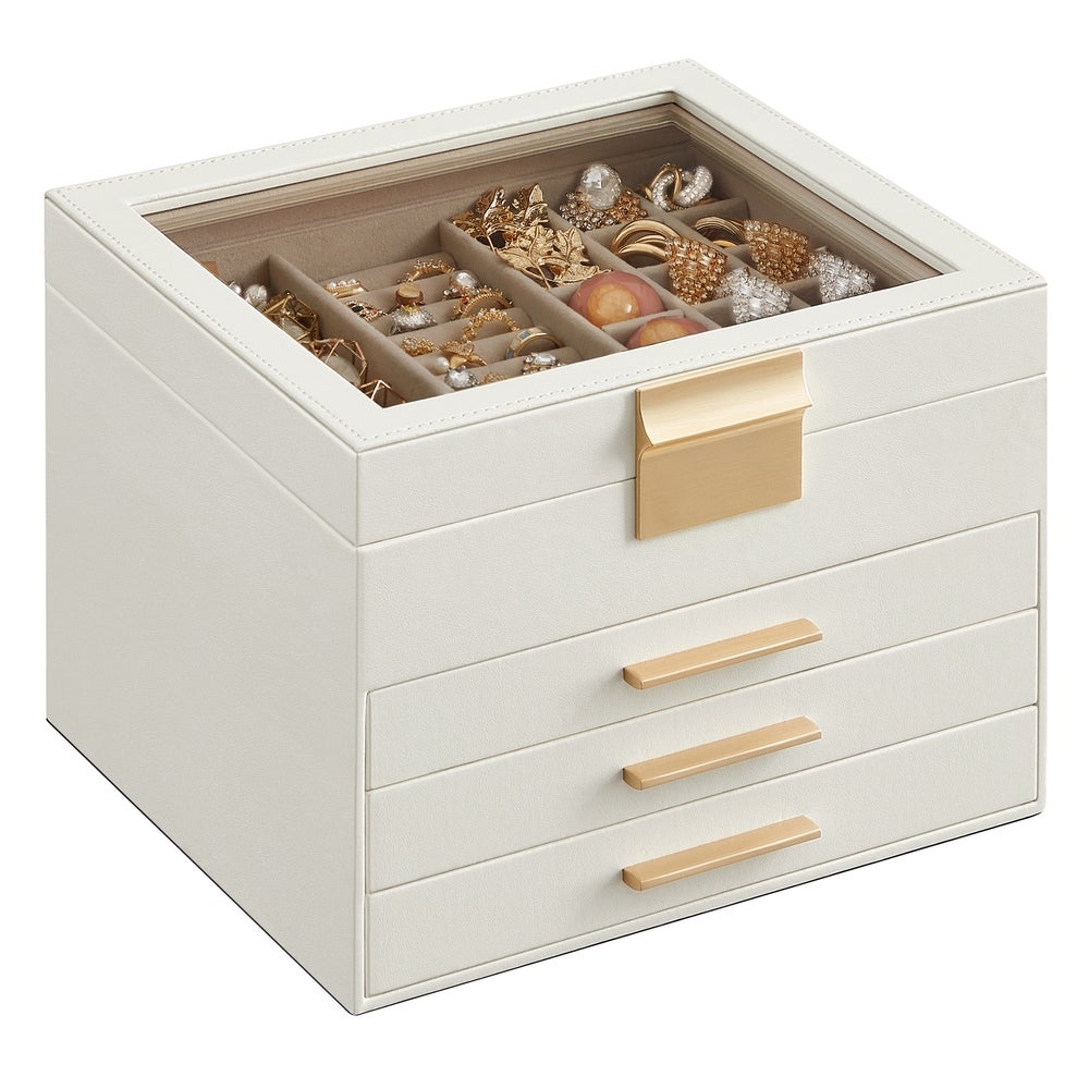 Leroy Merlin Joyero Con Tapa De Cristal, 31 Compartimentos En 4 Capas, Forro De Terciopelo, Dormitorio, Y Blanco/Dorado