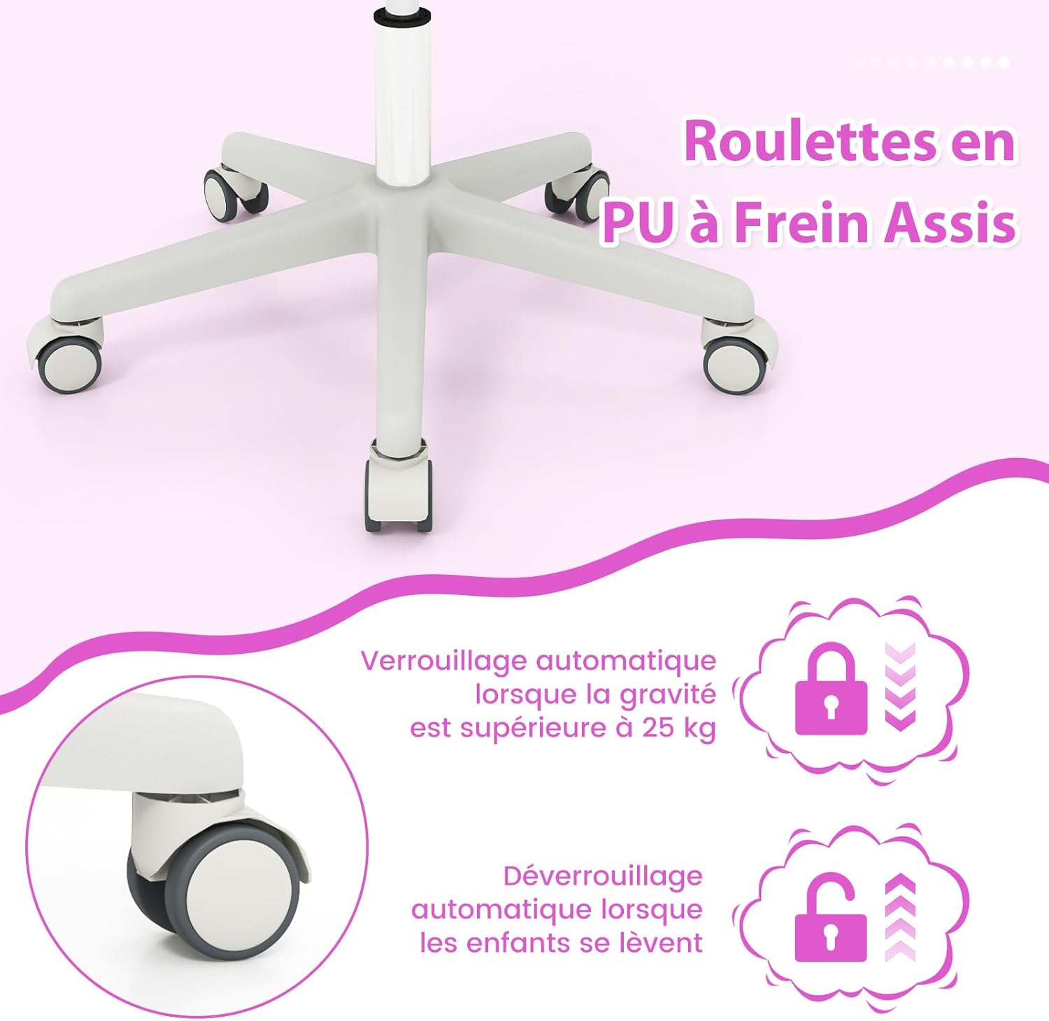 Silla de Escritorio para Niños, Silla Infantil Giratoria para Computadora con Altura Ajustable, Ruedas con Freno, Reposabrazos Lisos, Silla Er - 6