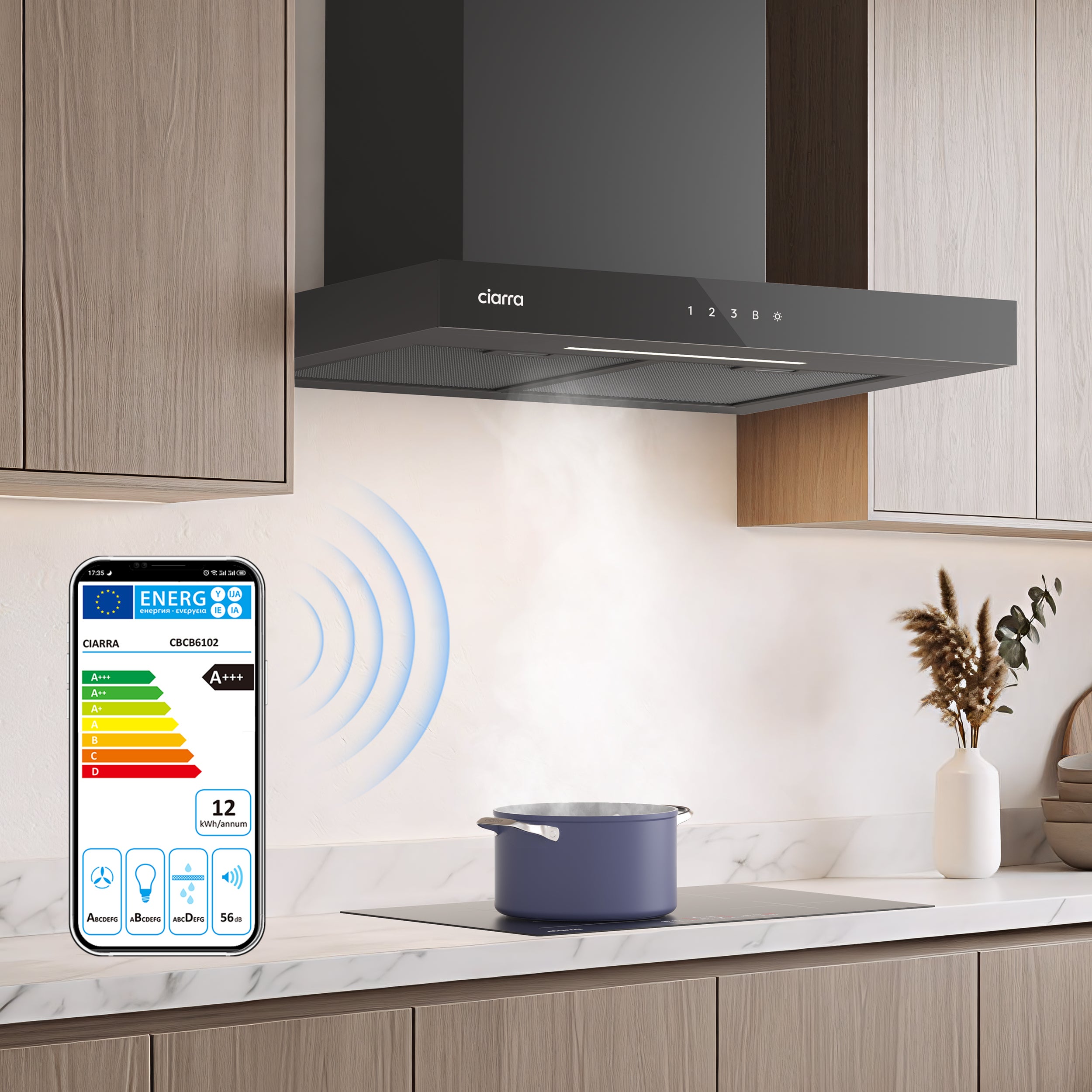 CIARRA Hotte Aspirante Murale 60 cm 706 m³/h Classe A+++ Commandes Tactiles WiFi 4 Vitesses Booster Silencieuse Noir CD6102B - 2