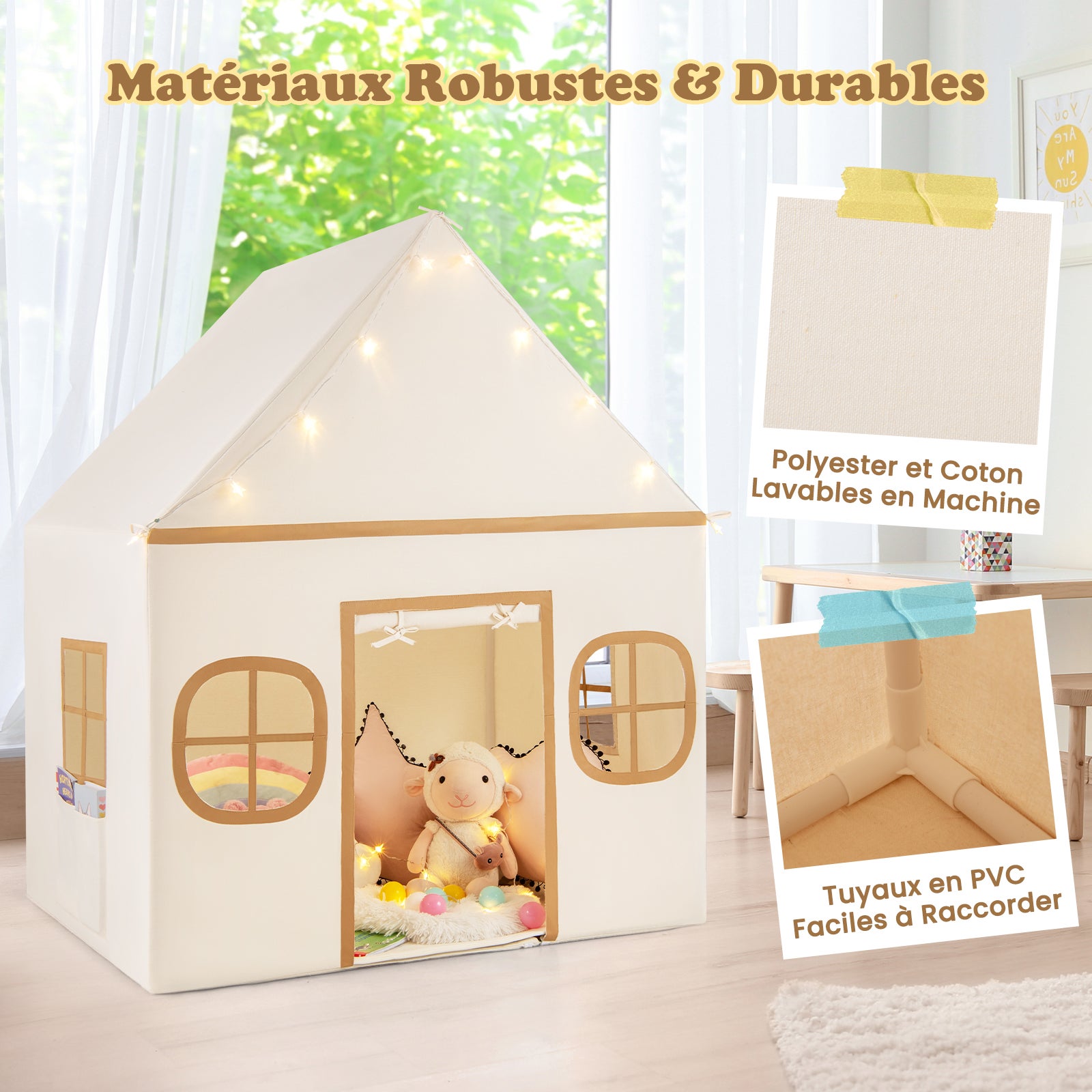 Tente de Jeux Enfant avec 4 Fenêtres et Guirlandes Lumineuses Étoiles, Cabane Enfant Interieure avec Tapis Antidérapant, pour 3-10 Ans, Gris + Beige - 7