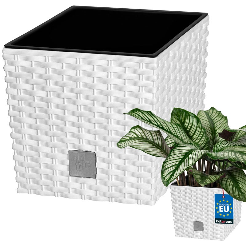 Donica doniczka 22 cm ogrodowa rattan biała balkon taras kwiaty wkład ogród - KOTARBAU