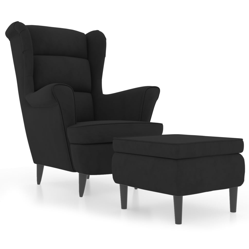 Fauteuil à oreilles avec tabouret en velours noir pour le salon - 2