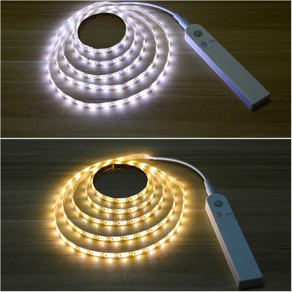 Tira de luz LED con sensor de movimiento, 3 m, funciona con pilas, con interruptor, autoadhesiva, cortable, resistente al agua, regulable para debajo - 4