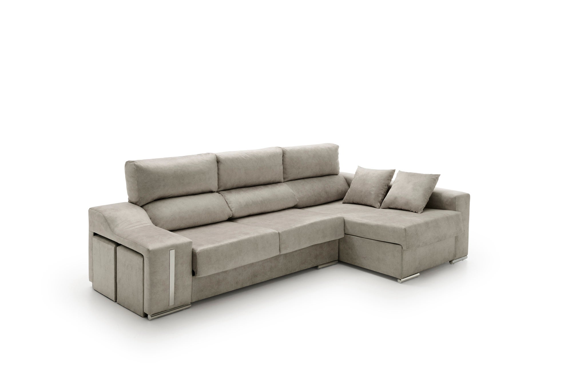 Sofa chaise longue reclinable y deslizante con puffs serena alta gama gris derecha