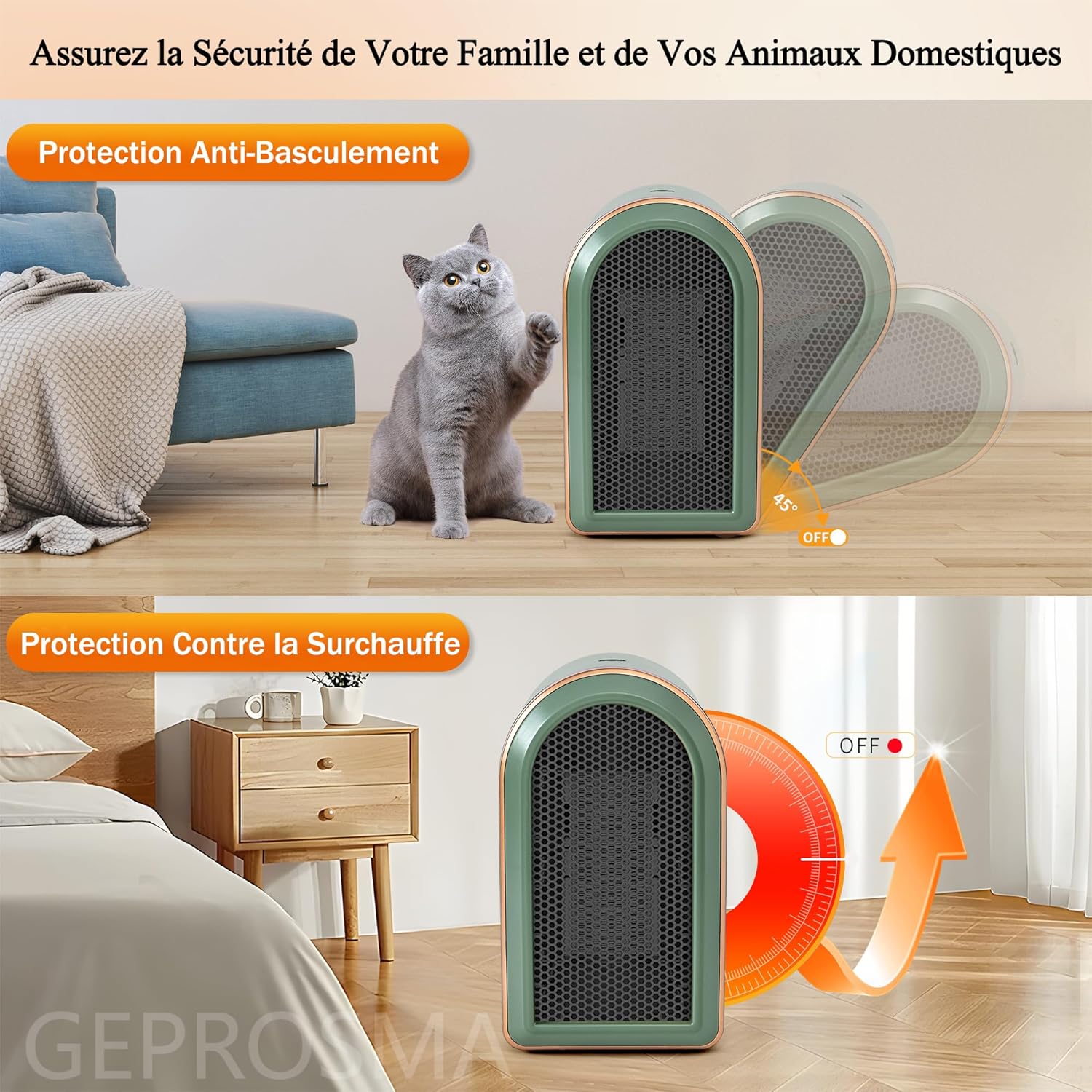 Chauffage d'appoint Electrique Portable, Radiateur Soufflant Economie d'énergie PTC Ceramique,Chauffage Cinétique,Chauffage Mini Dumping Protection - 4