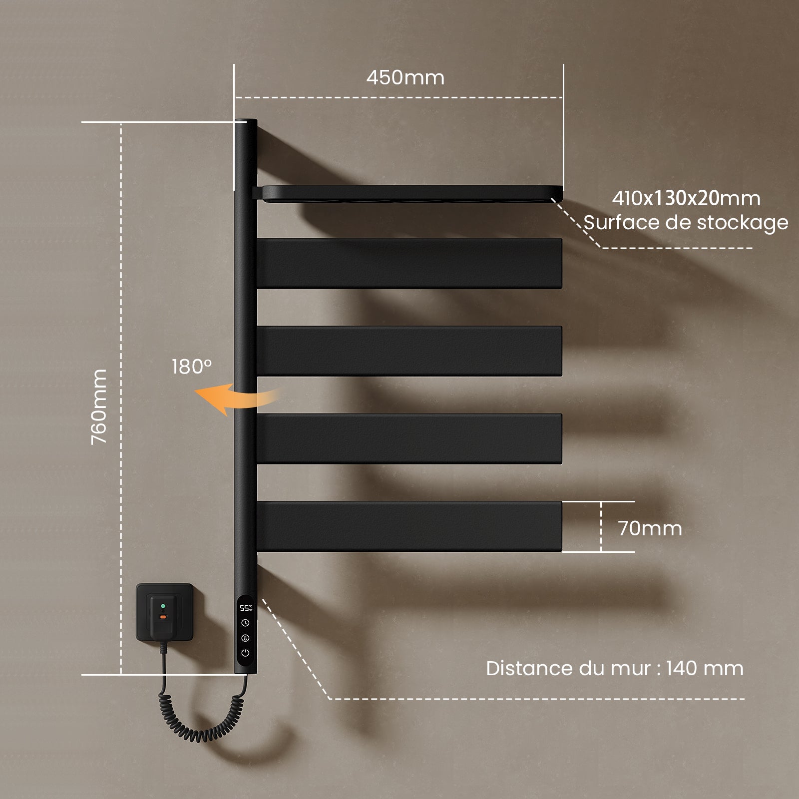 EMKE Sèche-serviettes Électrique Pivotant 180° avec Étagère - WiFi & Vocal - 76 x 45 cm, 120 W, Noir Mat - 9