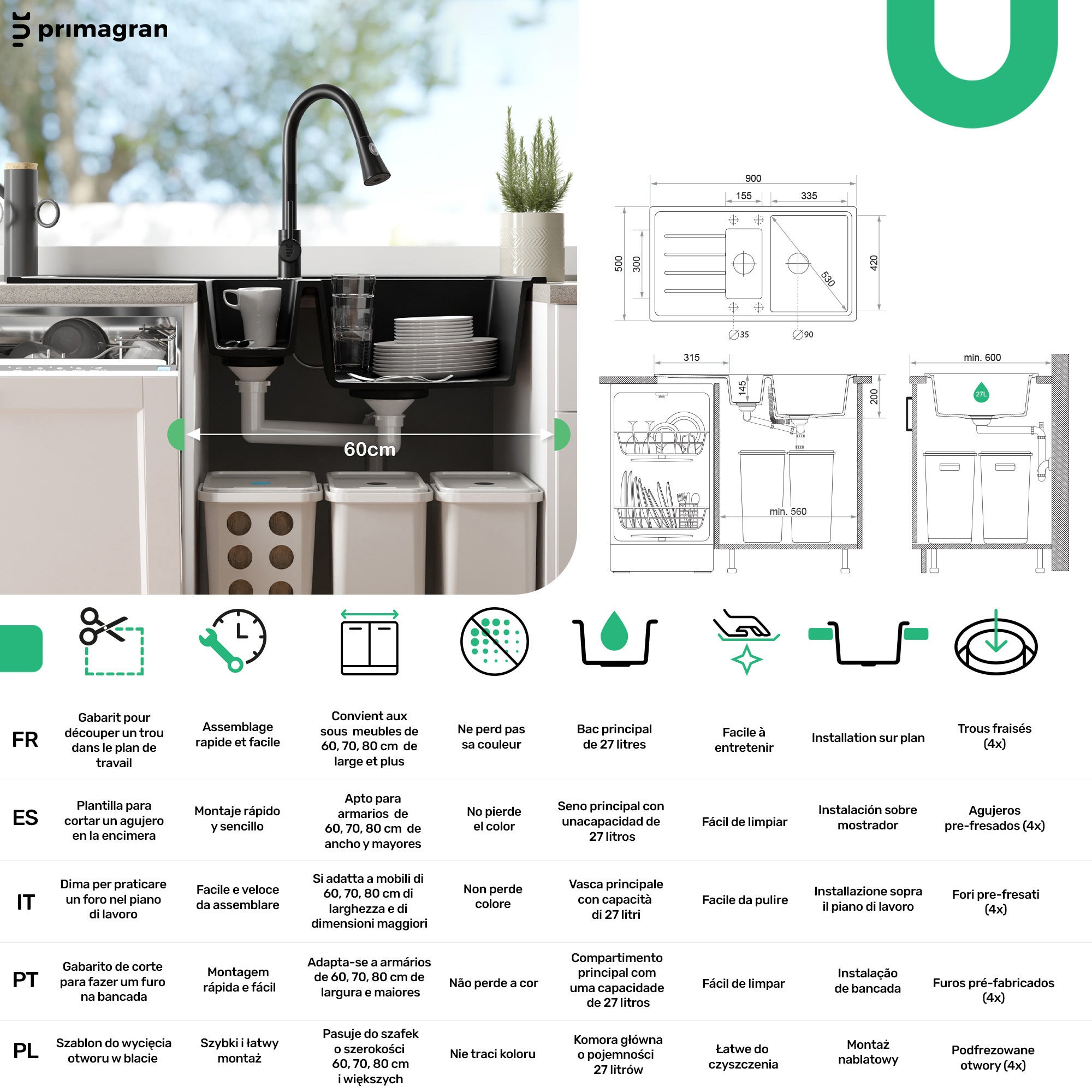 Lavello da Cucina Bianco 90x50cm, Lavandino in Granito a 1,5 vasche + Sifone Classico + Accessori, Lavabo da Cucina Incasso al mobile 60cm PRIMAGRAN - 6