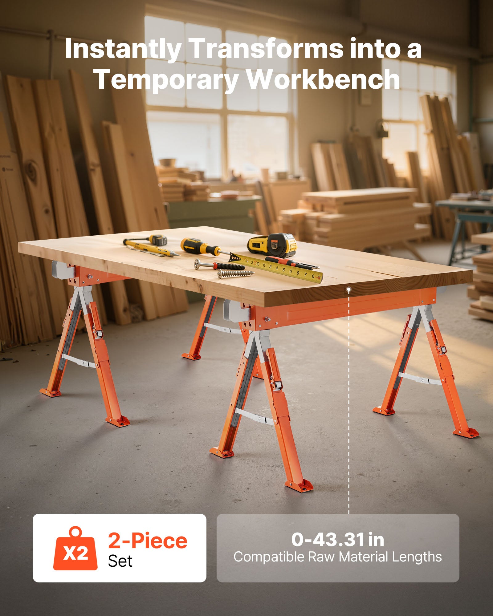 Chevalet Sciage,Lot VEVOR 2,Capacité Charge 816,5 kg,Hauteur Réglable,Pieds Robustes,Patins Antidérapants,Outil pour Menuiserie,Bricoleurs Bois - 2