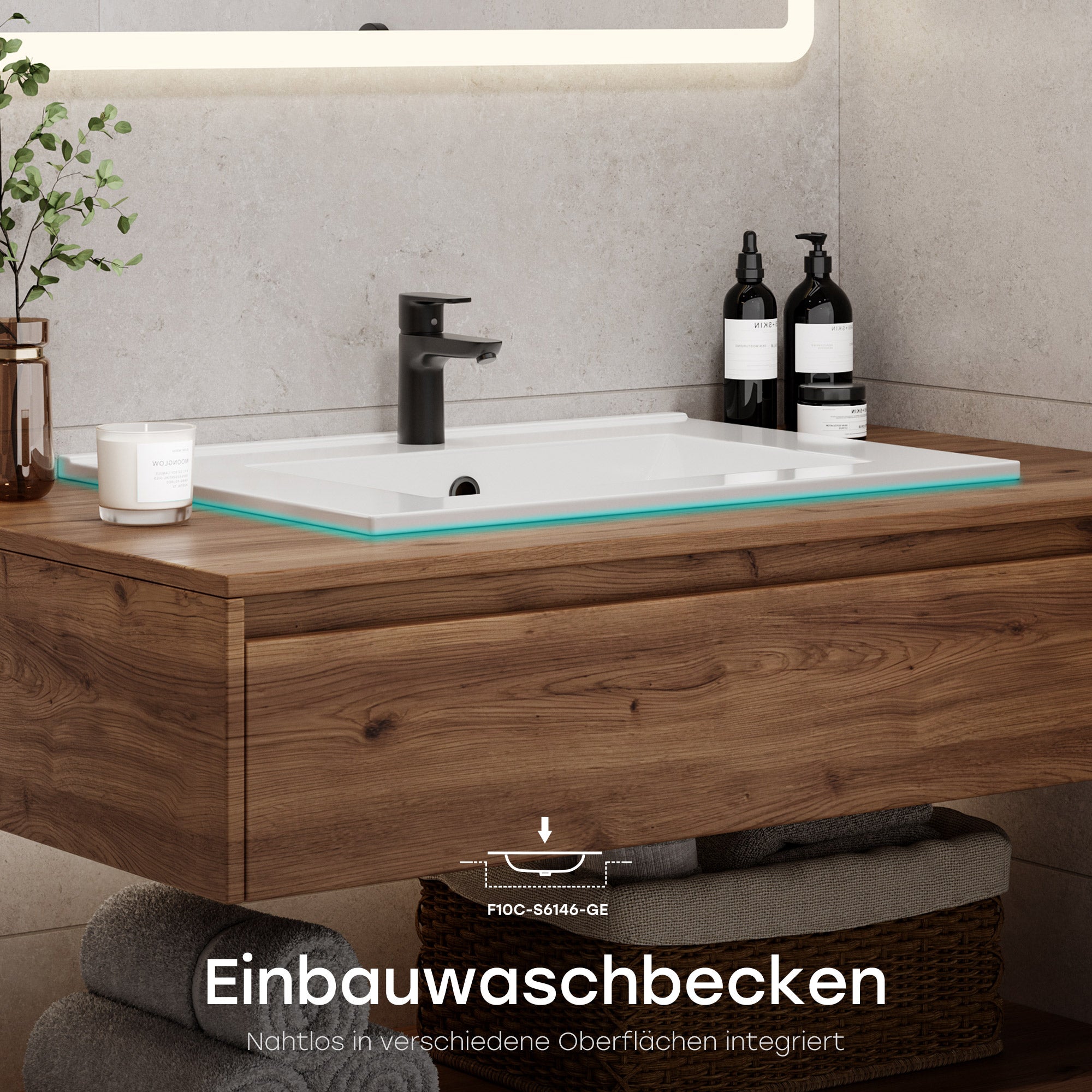 HOROW Lavabo rettangolare da incasso in ceramica, largo 60 cm, per mobile base, con troppopieno, ideale per bagni ospiti e piccoli bagni - 6