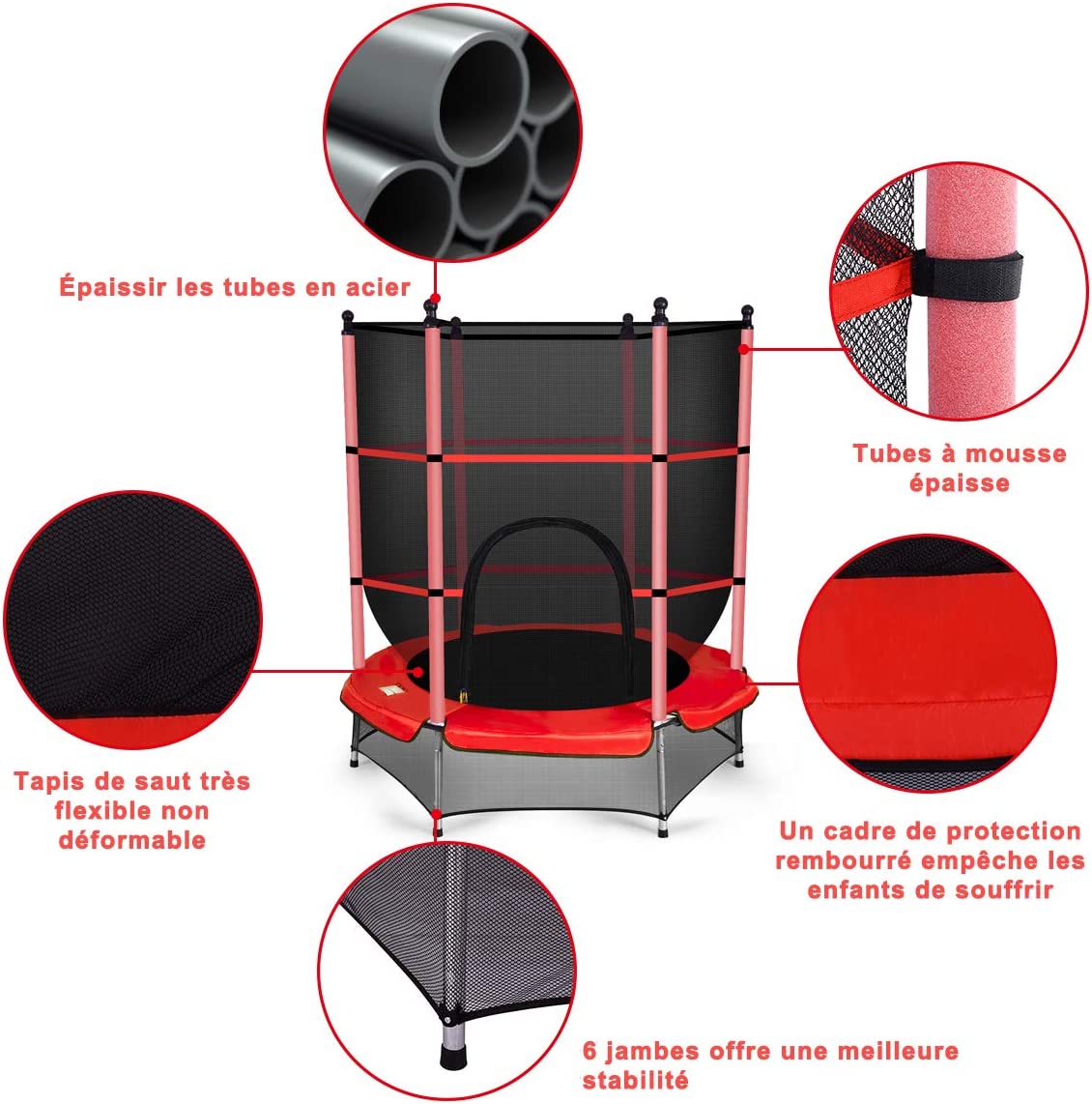 Trampolino Elastico Bambino in Acciaio, Tappeto Elastico Bambini da Esterno e da Interno, con Rete e Cusicnetti Antiscivolo (Rosso, 165 x 165 - 3