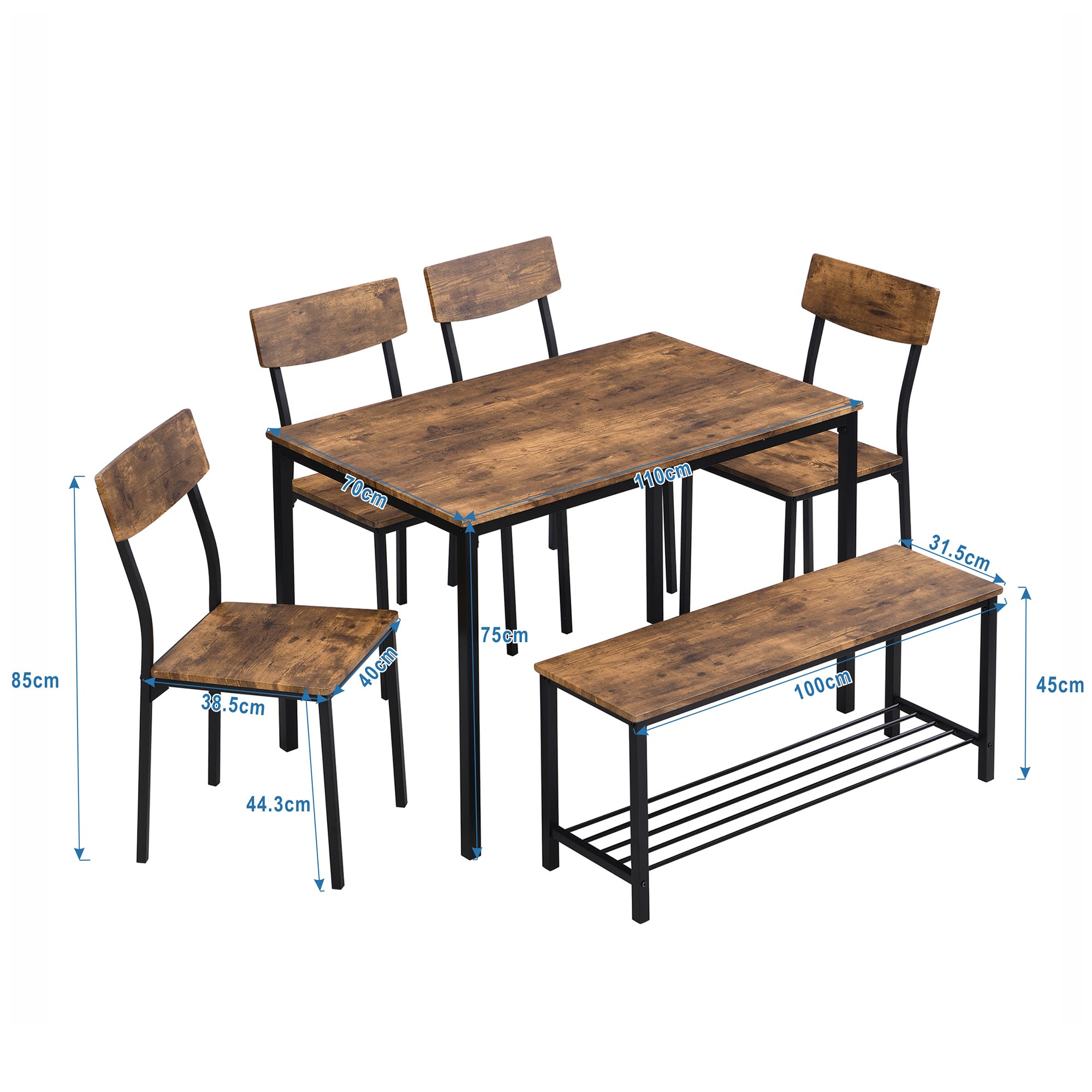 Ensemble Table et 4 Chaises 1 Banc - 6 places - cadre en acier - style industriel - Marron - 6