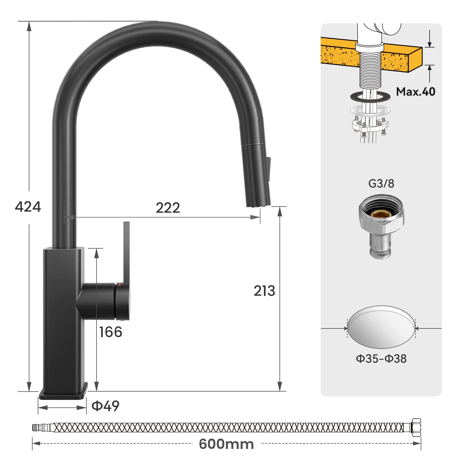 Mitigeur de Cuisine avec Douchette Extractible, Robinet de Cuisine en Inox, Robinet Douchette pour Cuisine Noir - 6