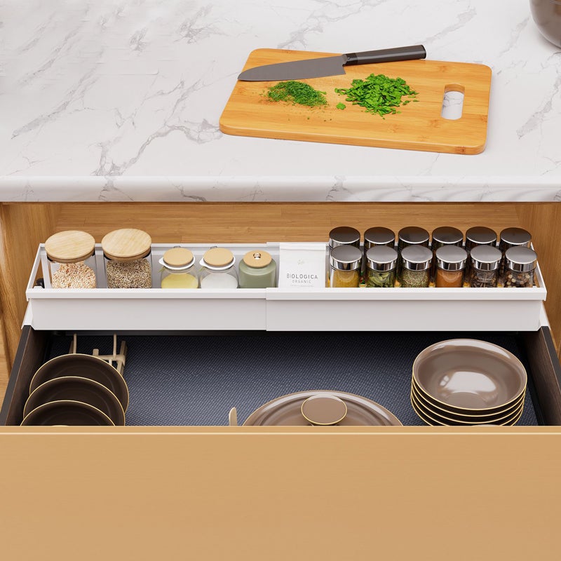 Étagère à épices réglable, séparateur extensible pour tiroir, organiseur monocouche pour rangement sous armoire et évier,essentiels de cuisine,Blanc - 6