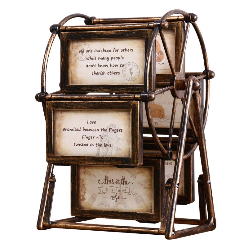 Cadre Photo Rotatif Vintage Grande Roue - Déco Bureau/table, PVC Noir, Pour 12 Photos