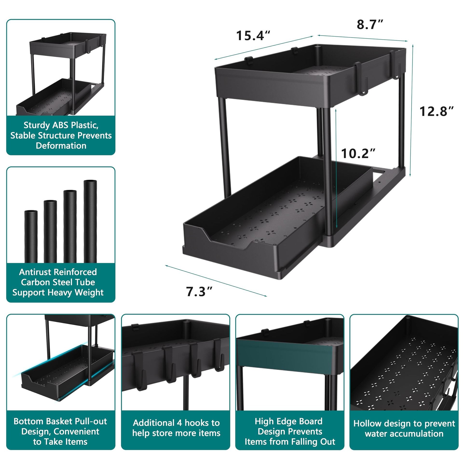Étagères de cuisine sous évier à 2 niveaux, étagères multifonctionnelles, étagères de cuisine, étagères sous armoire-noir - 5