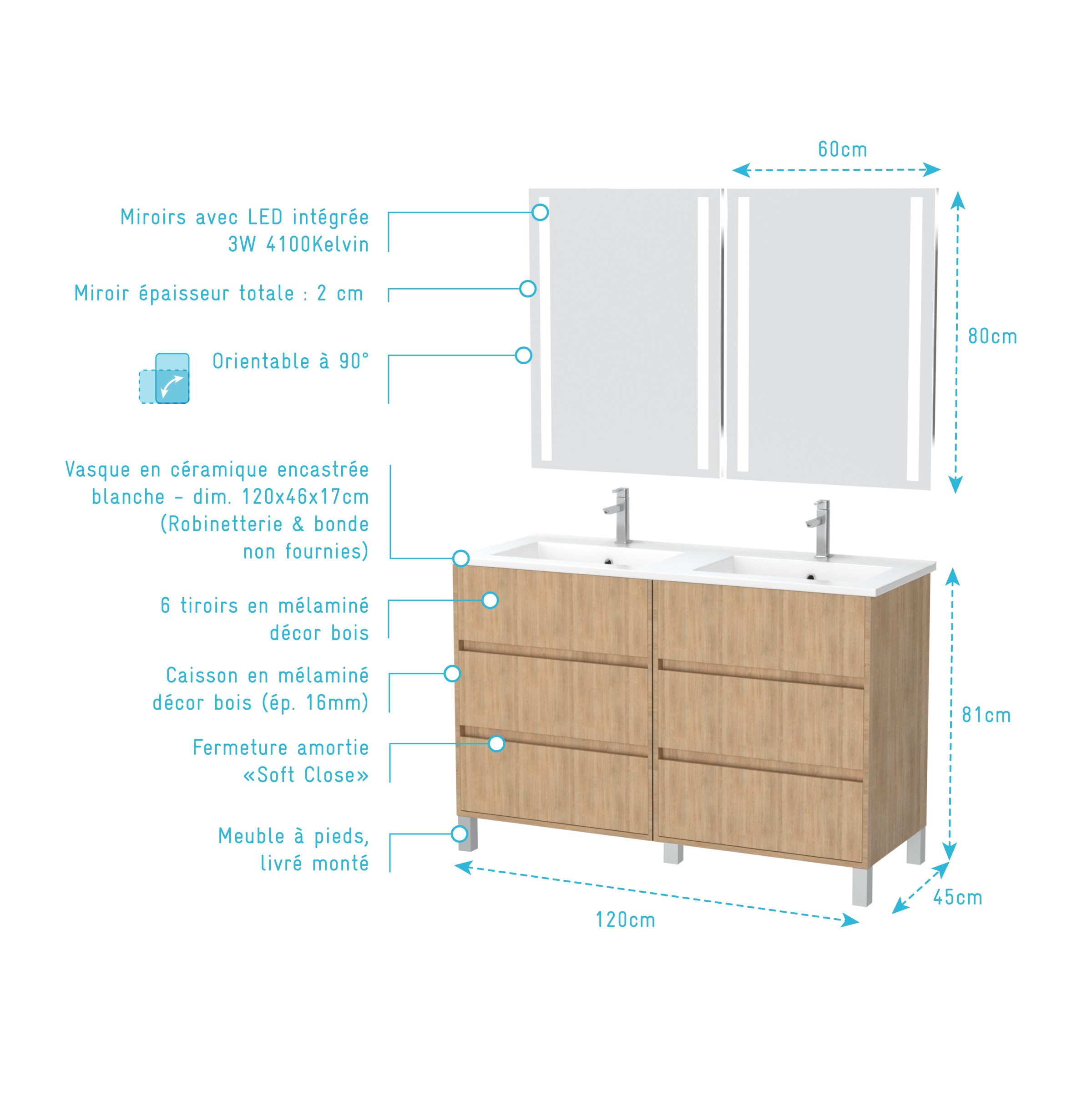 Meuble Salle de Bains 120 cm Chêne Clair 6 Tiroirs, Vasque, Miroirs 60x80 à Leds intégrées - XENOS - 4