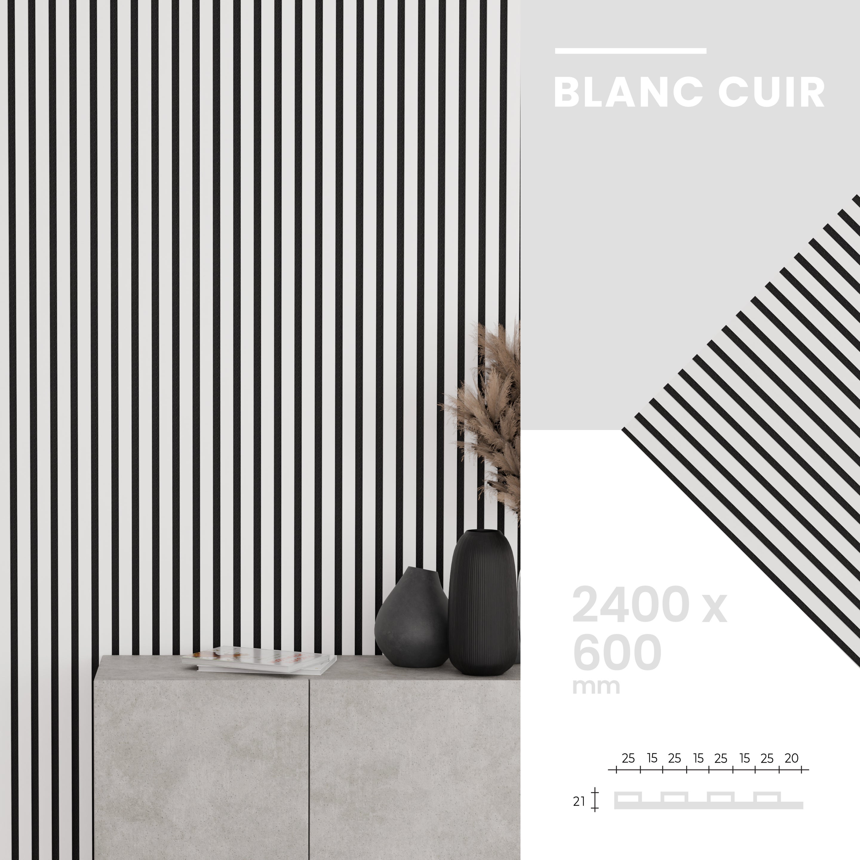 Lot de 2 - 240 x 60 cm - Panneau Tasseaux - Blanc Cuir - Feutrine Noir - Qualité Premium - ep 21mm - 6
