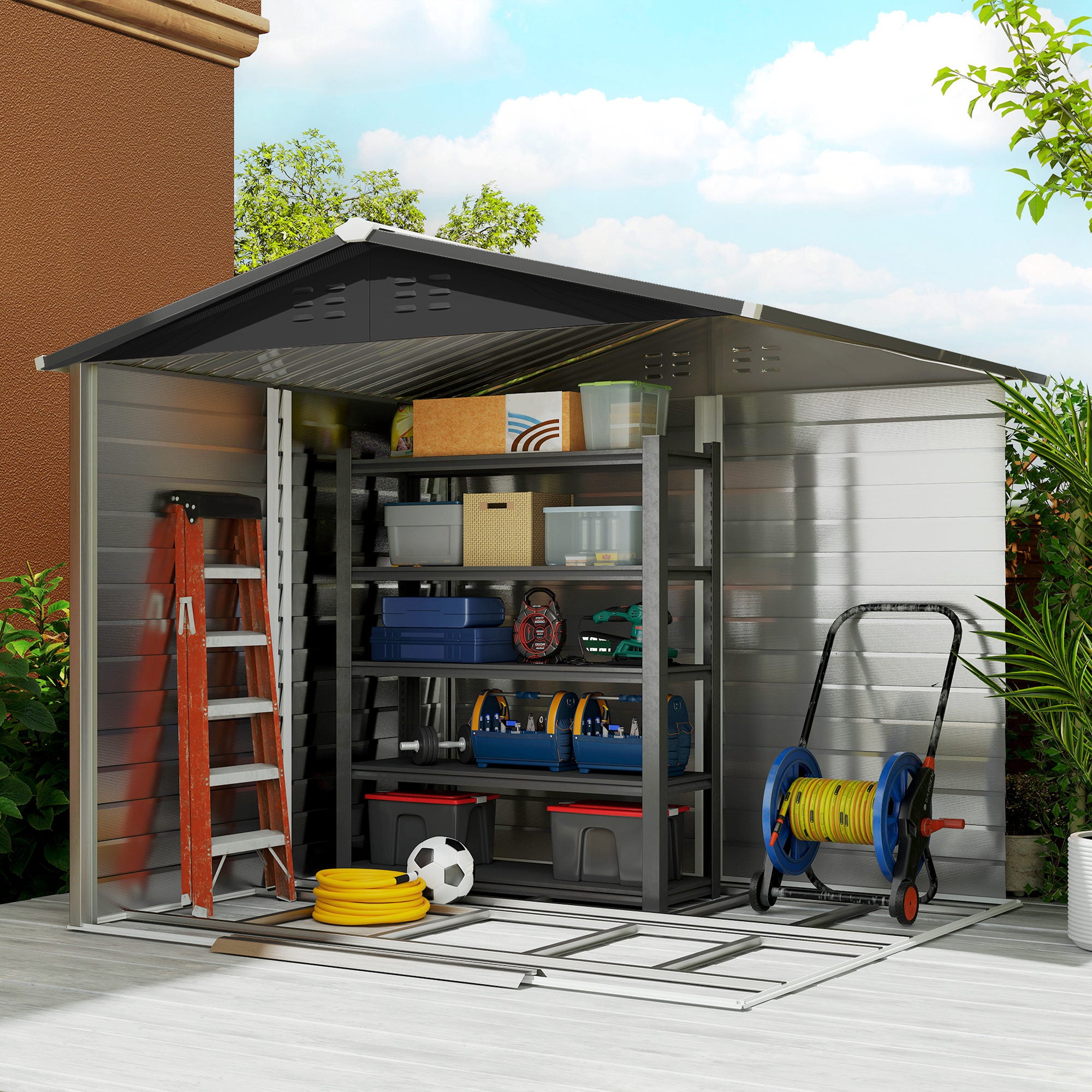 Abrigo de Exterior Outsunny Aço Galvanizado Teca 240x206x198 cm - 5