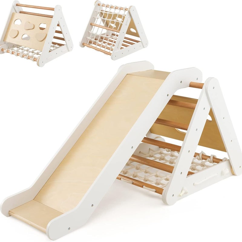 Trójkąt wspinaczkowy 4 w 1 ze zjeżdżalnią, drewniane rusztowanie do wspinaczki i wspinaczki, dla dzieci od 1 roku życia (biały + naturalny)