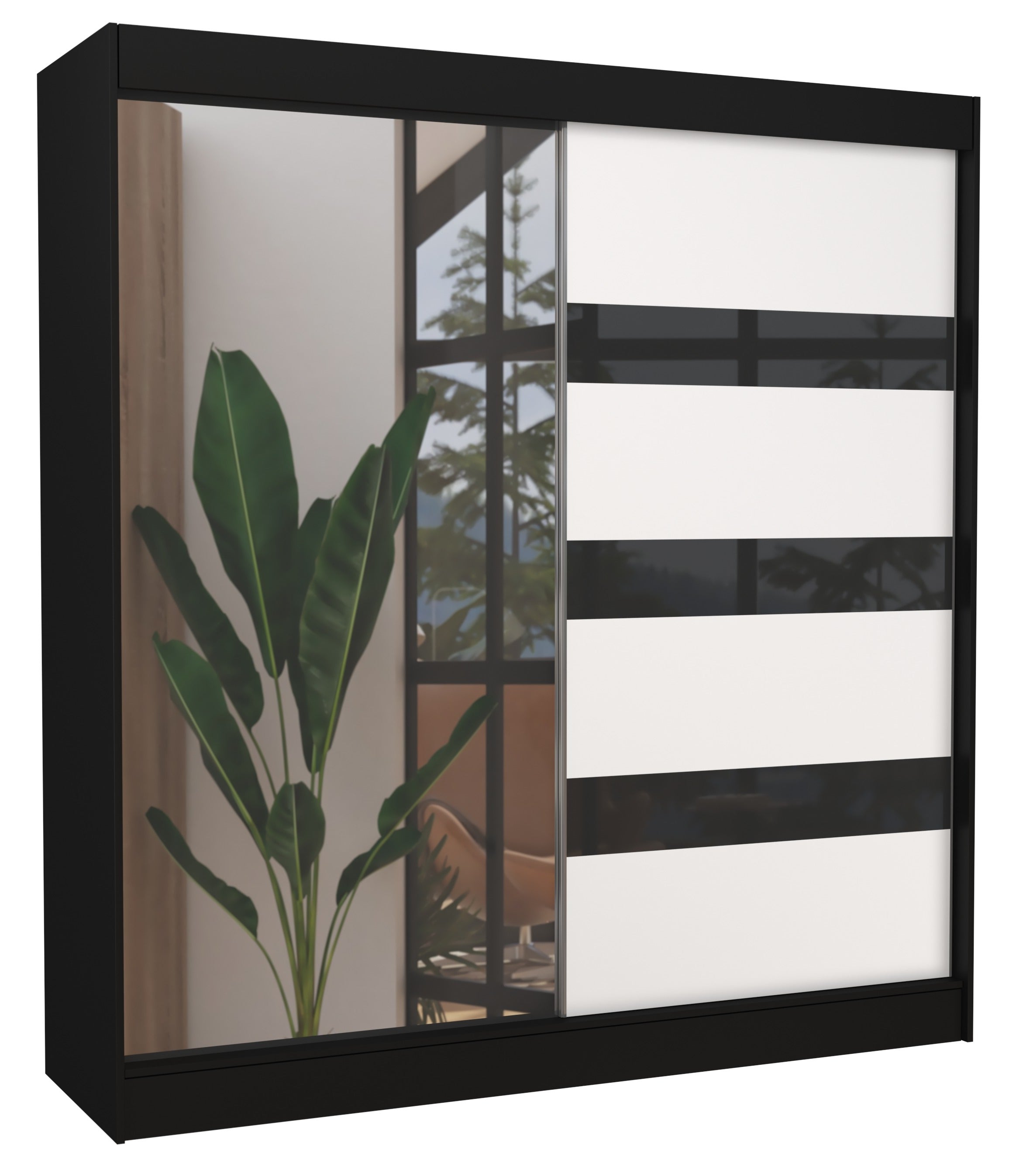 Armoire de chambre noire 1 porte blanche et noire laquée 1 porte miroir