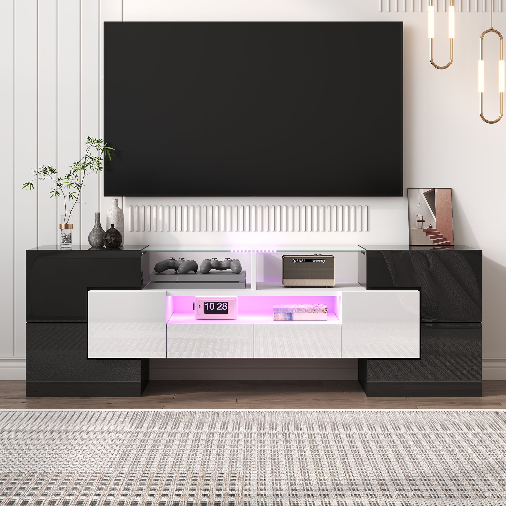 Szafka RTV z 4 drzwiami i 2 szufladami - 145 x 30 x 51 cm - Diody LED - Płyta wiórowa - Biały + Czarny