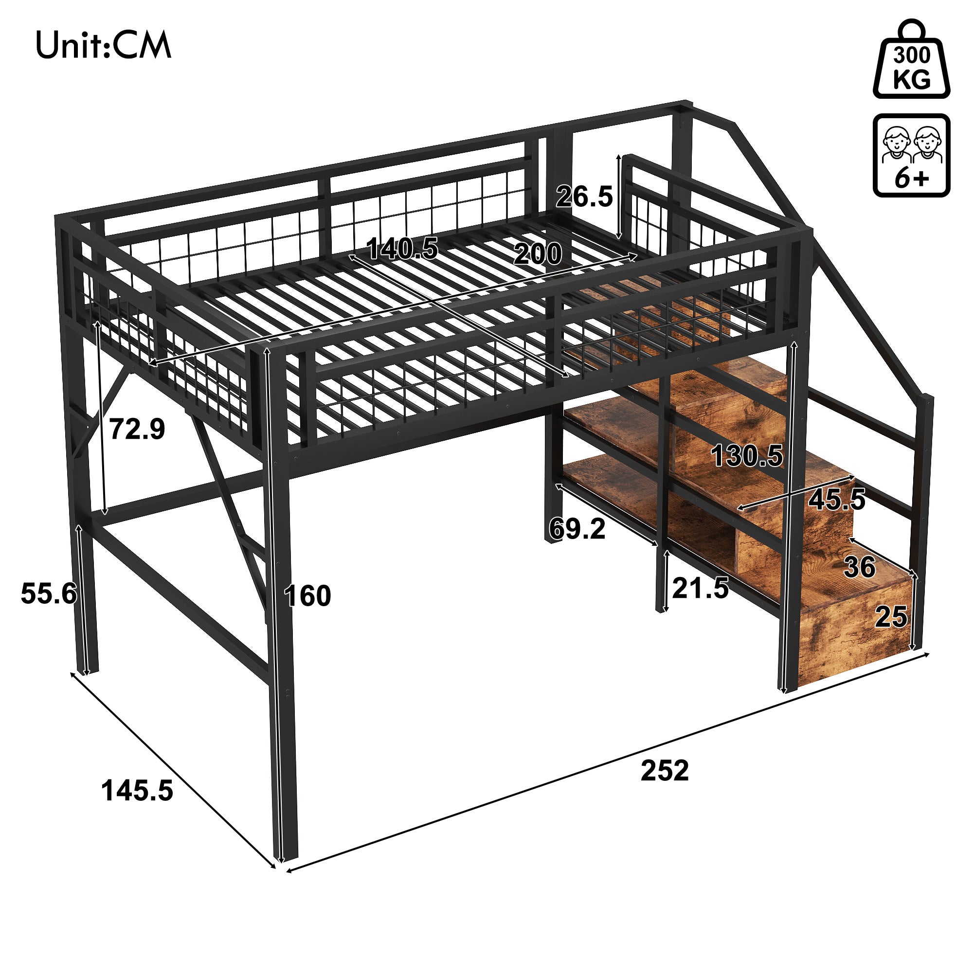 Lit mezzanine 140 x 200 cm cadre métal avec éclairage LED, escalier avec rangement intégré, espace libre aménageable dessous, sans matelas, noir - 6