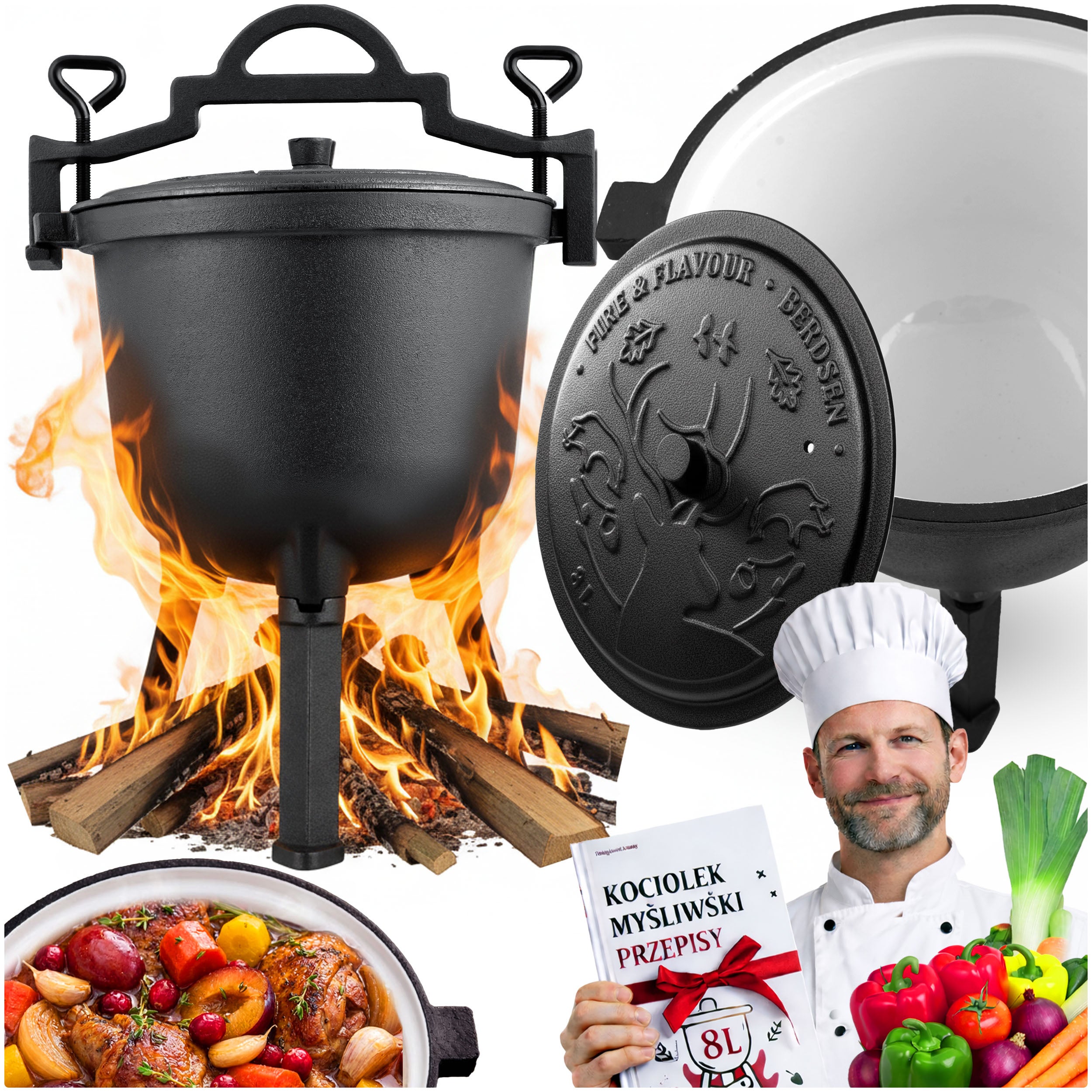 Garnek emaliowany kociołek żeliwny Berdsen BD-481 emaliowany 8L na ognisko grill +przepisy